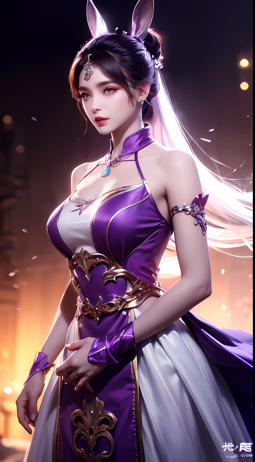 1 beautiful girl in Han costume, thin purple silk shirt with many white motifs, white lace top, long silver-purple ponytail, gorgeous hair jewelry, earring jewelry, purple rabbit ears pale, necklace jewelry, big purple eyes meticulously drawn, meticulous makeup, thin eyebrows, high nose, pretty red lips, no smile, pursed lips, rosy cheeks, enlarged breasts, huge breasts, round a well-proportioned, slim waist, purple mesh socks, Chinese hanfu style, fictional art textures, vivid and realistic colors, RAW photos, real photos, ultra high quality 8k surreal photos, ( magic light effect: 1.8), 10x pixels, magic effect (background): 1.8), super detailed eyes, girl full body, girl alone, ancient hanfu background, 8k quality, UHD, HDR10, super sharp, the most detailed and clear picture, bright colors, even lighting, detailed dark background,