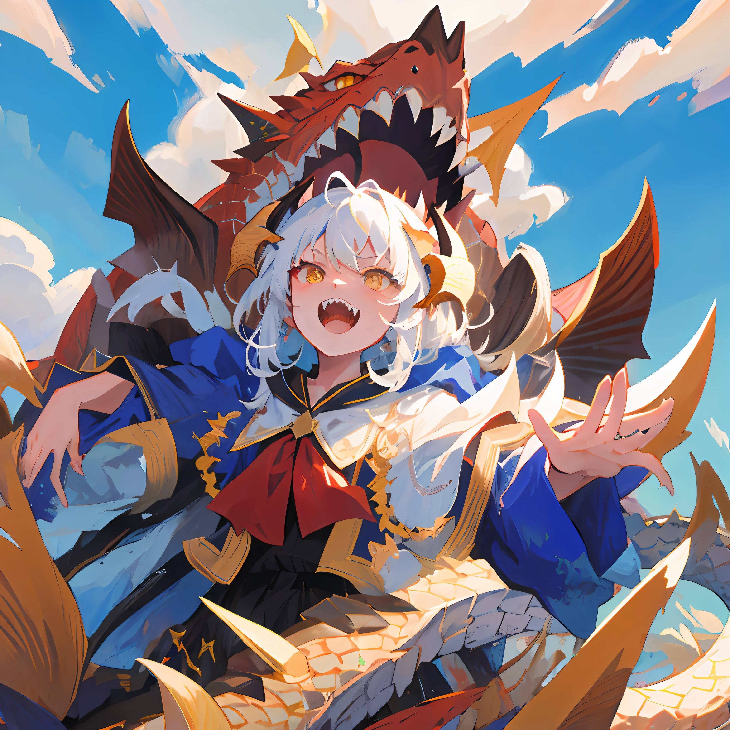 Best quality,masterpiece,ultra high res,nu no humans, (long:1.2),sky, yellow eyes, cloud, scales, eastern dragon, open mouth, sharp teeth, flying, horns, teeth, day, claws, fangs, blue sky