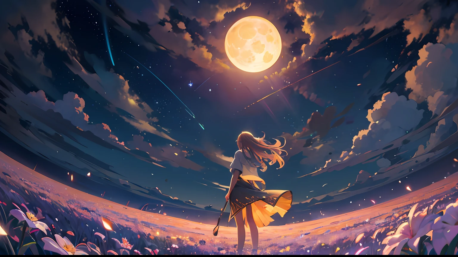 Violin playing,ember，On the volcano，starrysky，Distant view of the sea
