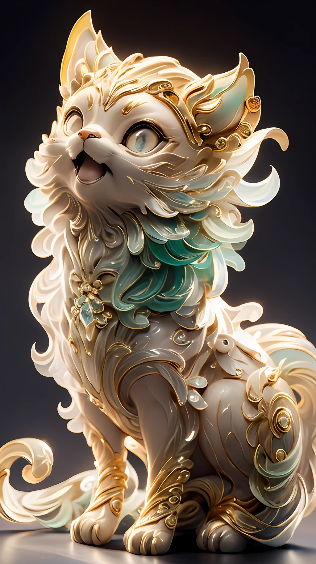 in the shape of a cat,Bling background,Dreamy colors,Transparent statue,florals,Big eyes,golden colored,Open-mouthed,laughingly,tmasterpiece,(best qualtiy:1.3), full bodyesbian,Ling_Long