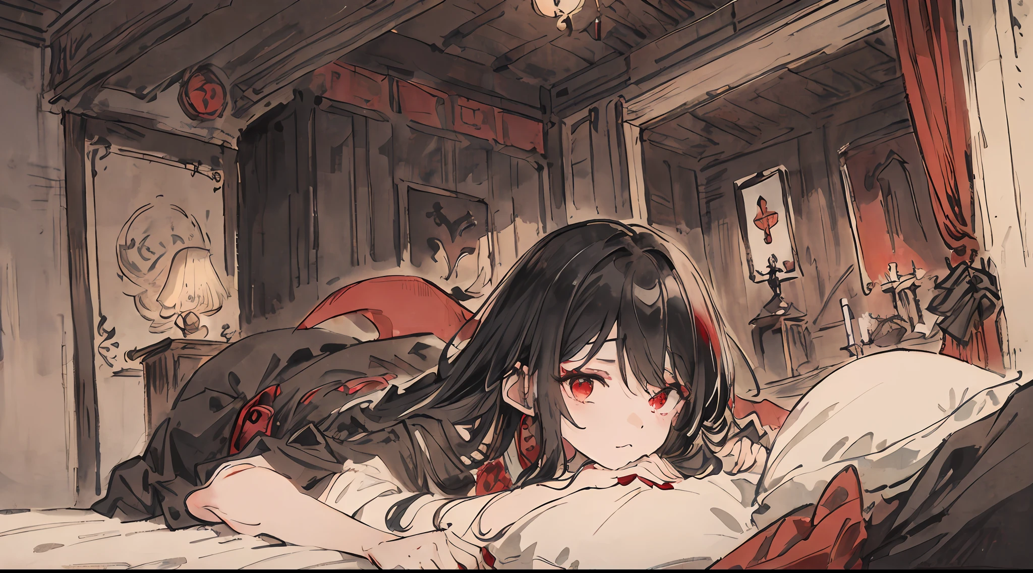 ((masterpiece))、((top-quality))、((Official art))、8K、very detailed illustration、One girl、Gray hair、Long straight hair、Detailed eye、(Interior of the old castle 1.2)、The dim、(Gorgeous red and black gothic dress 1.2)、((Dracula's daughter))、((deadpan))、Fair skin、pure、Meek、Fluffy clothes、Detailed gravure pose、white glove、lyin in bed