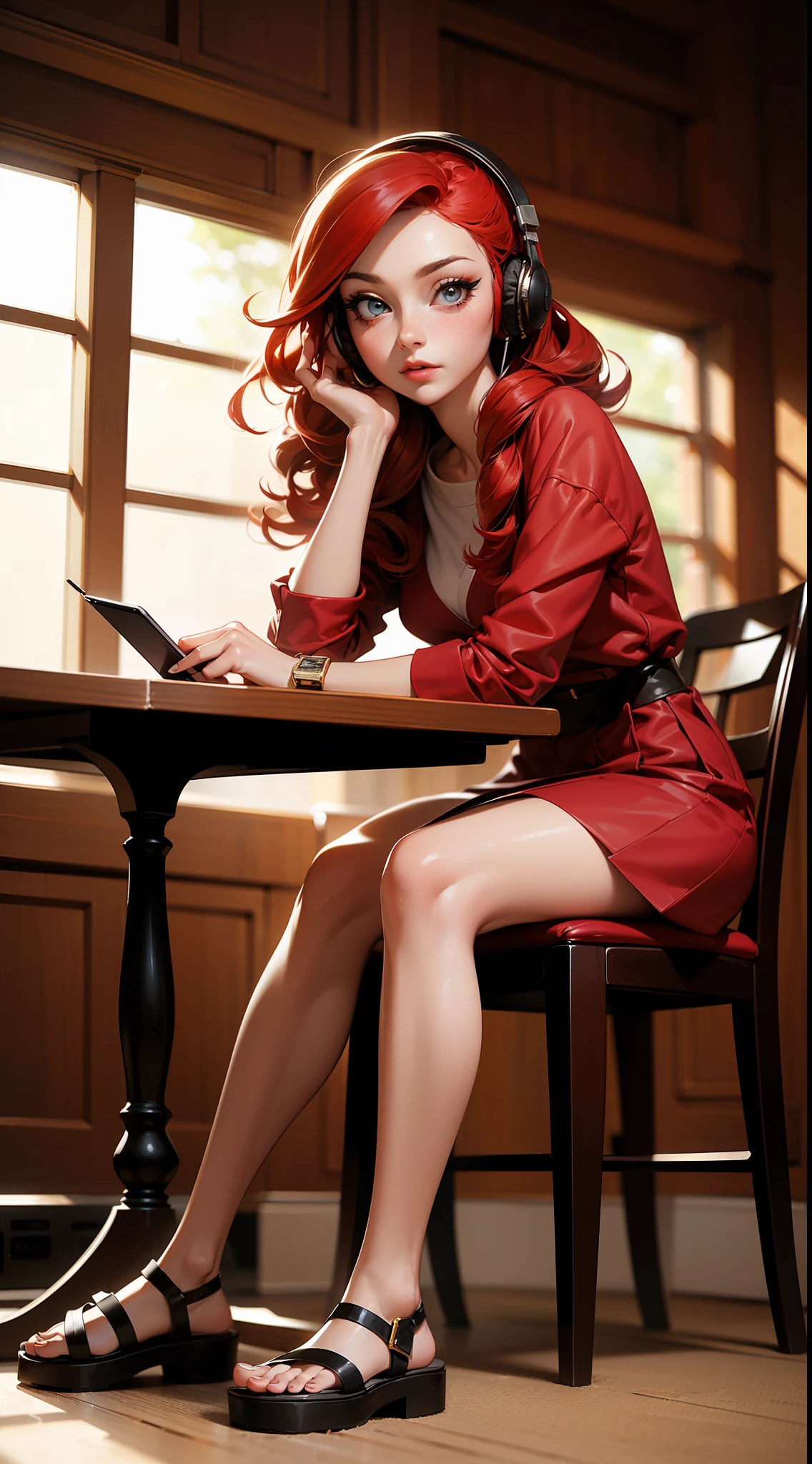 (masterpiece: 1.1), (best quality: 1.1), ultra-detailed, night light, perfect lighting, photo shoot, perfect eyes, perfect face, (depth of field), 1girl, african style, curly hair, dark skinned,, (((full body ))), silhouette, perfect female form, ((perfect face, detailed face, glossy lips, eyeliner )), (((long red hair))), (student outfit, sandal), (headphones), (sitting in a chair)