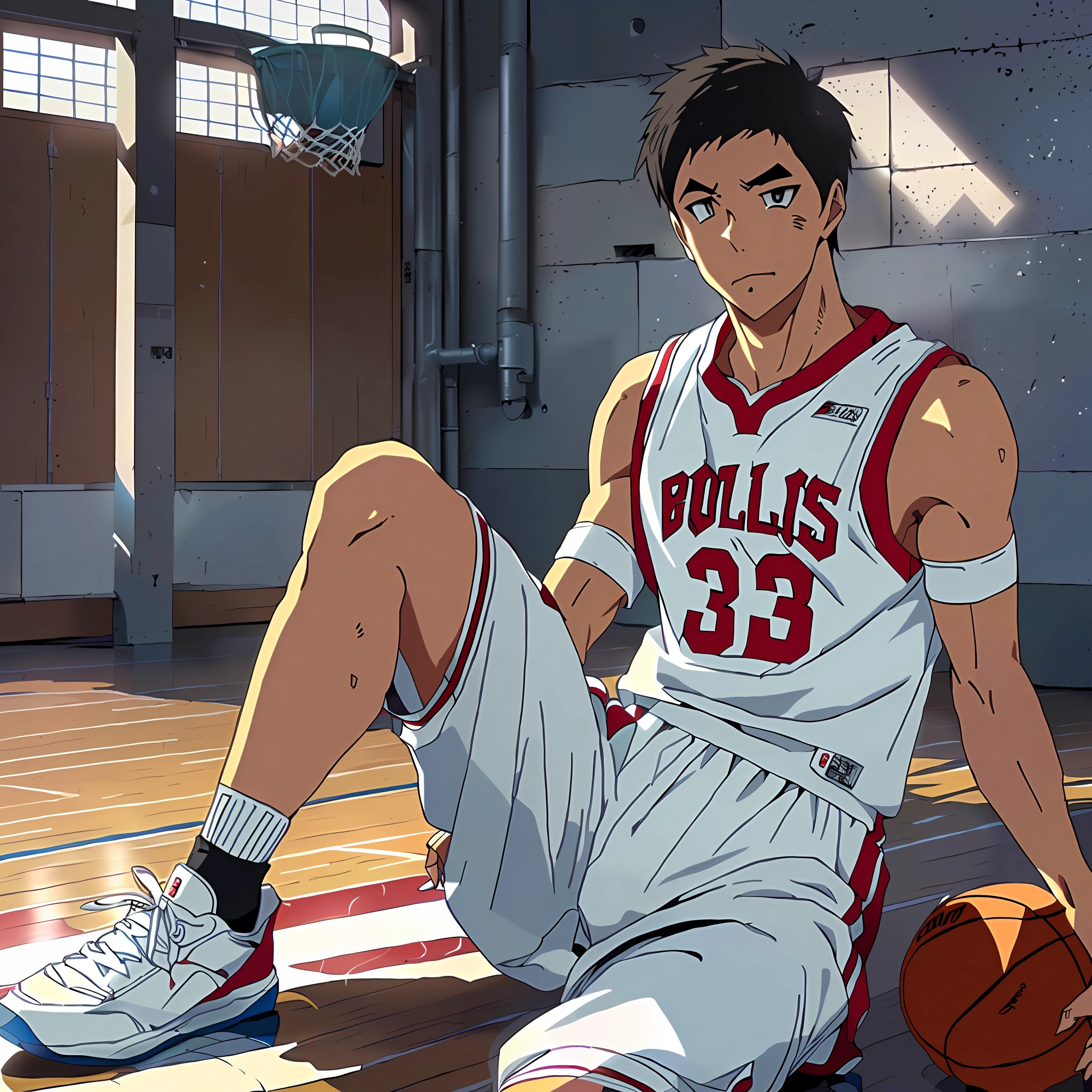 Anime character sitting on the floor holding a basketball, official anime still, official studio anime still, kentaro miura art style, Today's featured anime stills, scence of slam dunk, kentaro miura manga art style, sankakucomplex anime image, miura kentaro style, in the anime film, Slam Dunk, style of kentaro miura