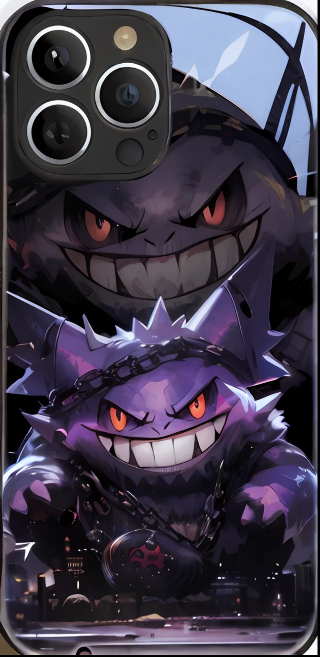 Pokémon，Geng ghost，a close up of a phone case with a pokemon character, gengar, full art, nefarious smirk, spiky skin, grinning sinisterly, smug smirk, evil grin smile, guggimon, wide evil grin, Ghastly, nefarious smirk, high detailed official artwork, Evil expression, smug look, mad grin, cell cover style