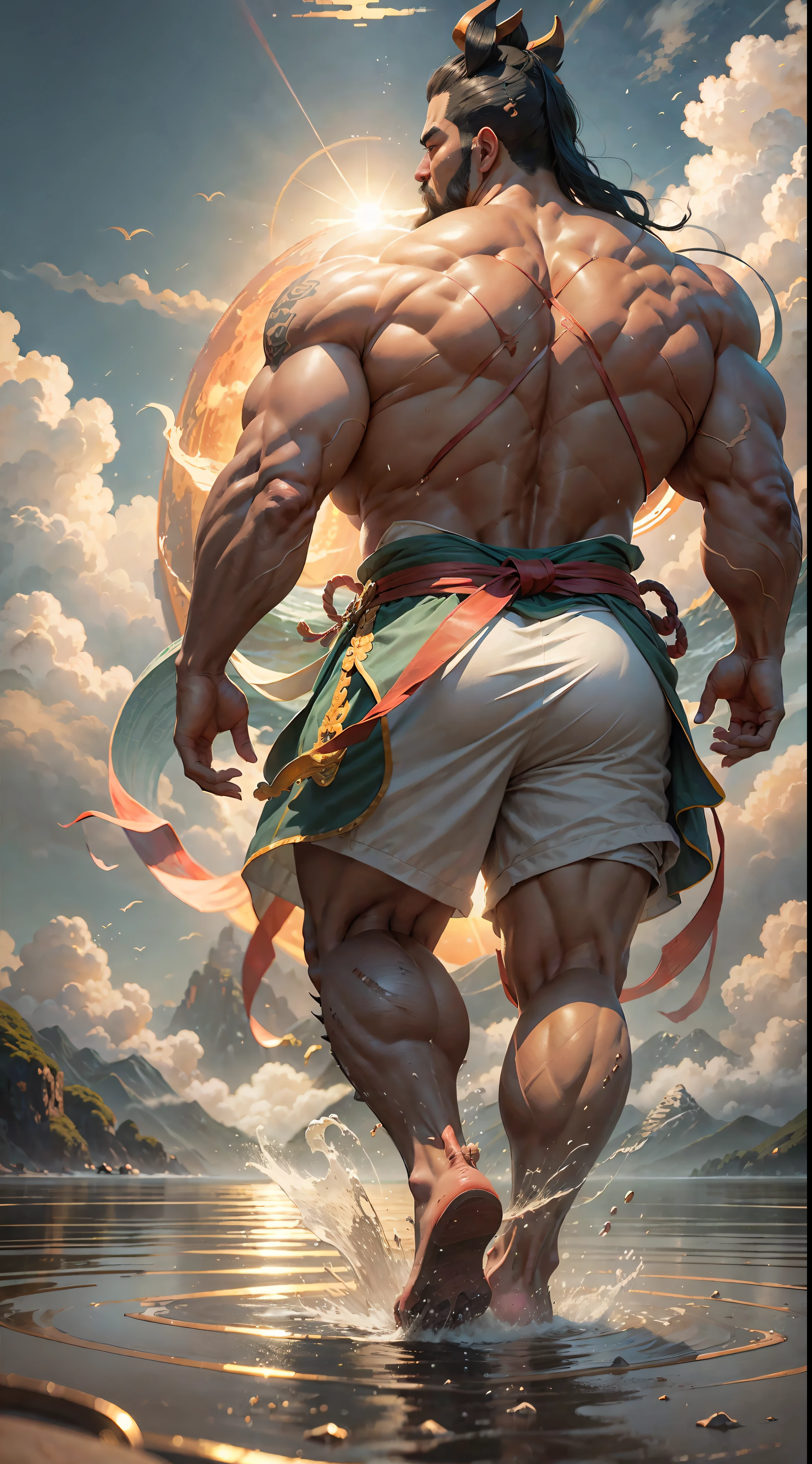 Father Qua chasing the sun, burly huge body, thick hands and feet, standing in front of the sun, running with his back to me, the mountain is not yet his knees, the sea water is not yet his ankles, ((back view)), ((Chinese mythology)), high quality, ultra-fine, detailed, accurate, (masterpiece), master work, (16k resolution), movie lighting, dynamic perspective