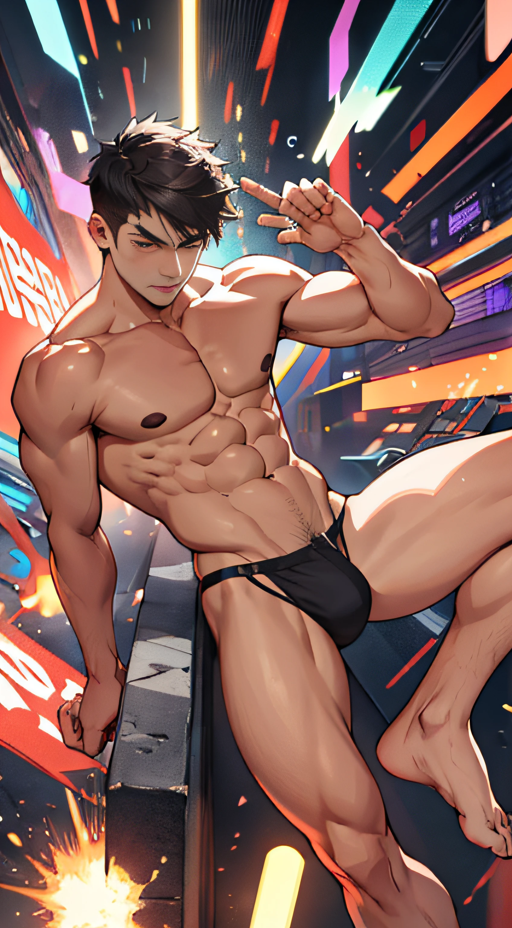 abstract backgrounds，1boy，Bare topless，lewd poses，dynamite，nakeness