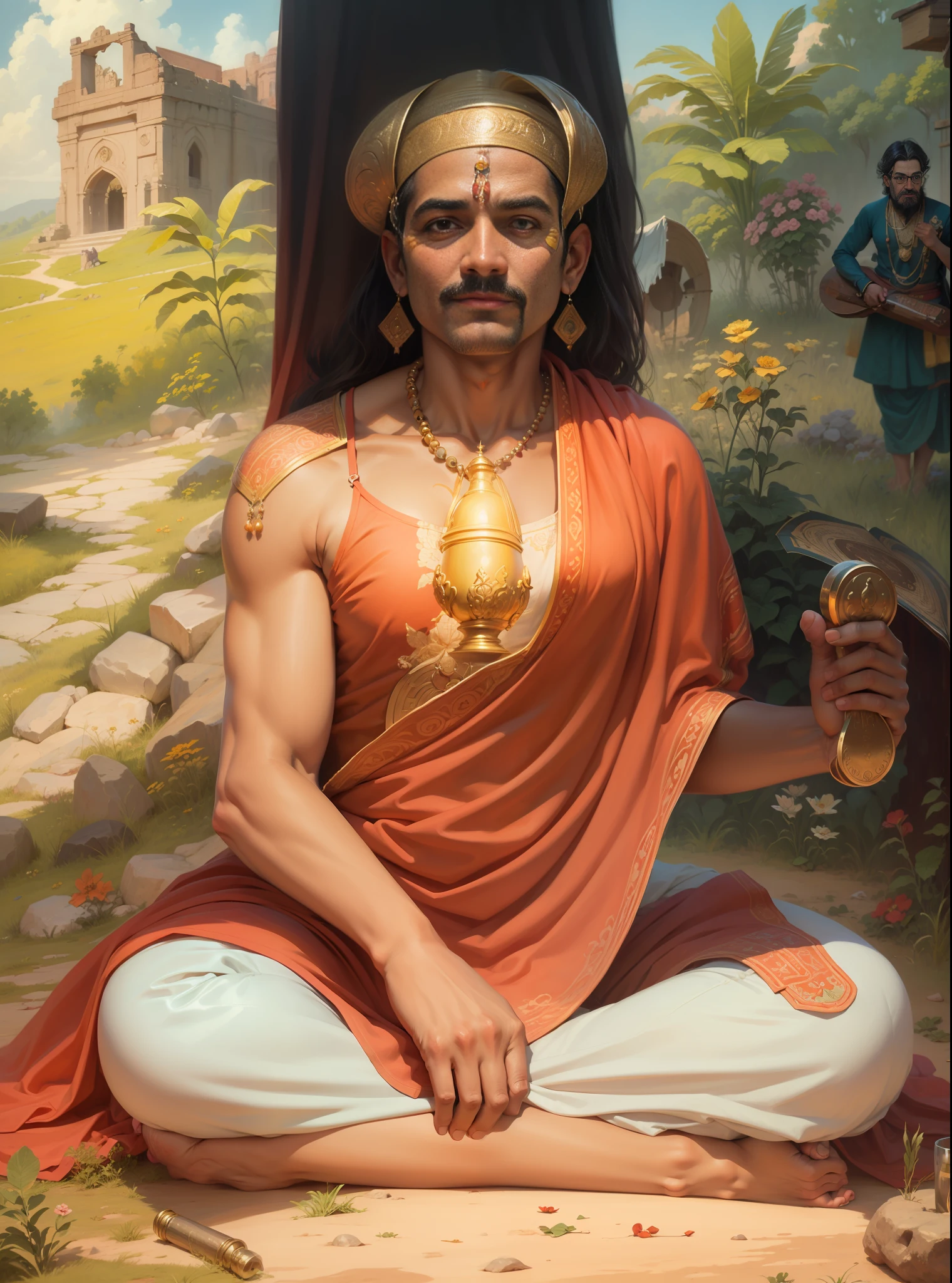 painting of a man sitting in a field, 50 years old face, inspired by Raja Ravi Varma, inspired by Ram Chandra Shukla, ashoka tano, attractive male deity, inspired by Kailash Chandra Meher, by Raja Ravi Varma, szukalski ravi varma, ditigal painting, inspired by Bholekar Srihari, padmasana