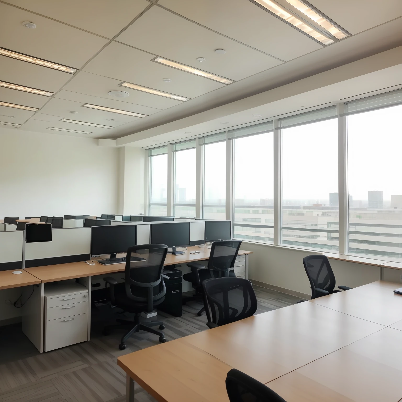 (best quality)Beautiful(blurred background) of a light modern office interior with(panoramic windows) and(the most beautiful lighting).