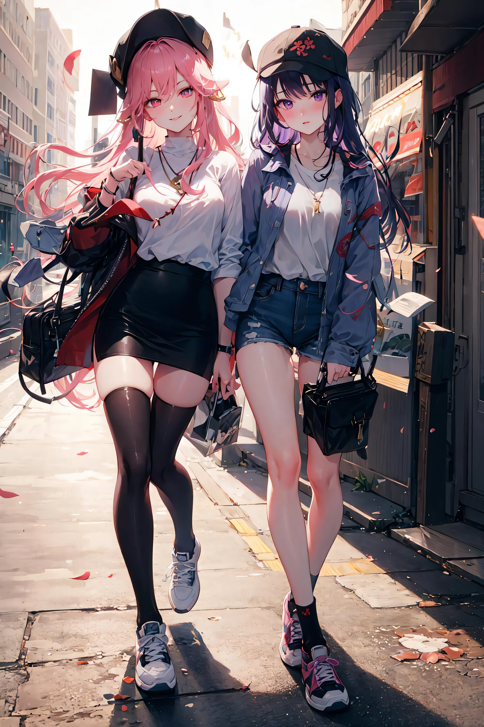 masterpiece, best quality, photorealistic, outdoors, cherry blossoms, night, blurry background, sunlight, depth of field, beautiful lighting, cinematic lighting, street, city lights, falling petals, falling sakura leaves, breeze, wind,
AND yae miko, pink hair, pink eyes, teasing, smug, smirk, head tilted, knee up, necklace, cap, bracelet, skirt, (pencil skirt:1.2), thighhighs, blouse, looking at viewer, sunglasses, stylish hat, glossy skin, walking, sneakers
AND raiden shogun, purple hair, purple eyes, serious, blush, looking at viewer, single braid, shirt, tucked in, necklace, denim, short shorts, sneakers, socks, shirt, long sleeves, long hair, crossed legs, sunglasses, (stylish hat:1.2), glossy skin, walking