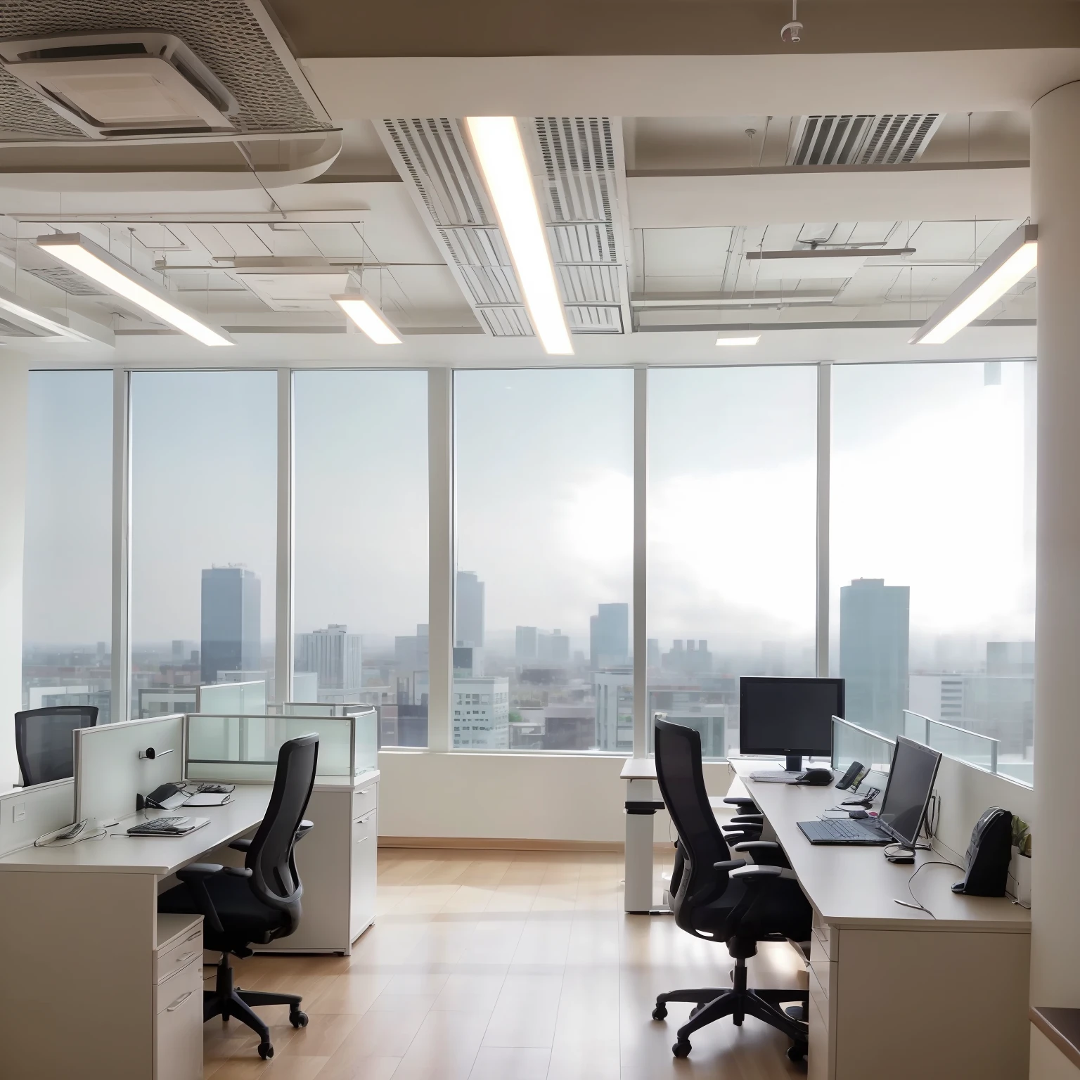 (best quality)Beautiful(blurred background) of a light modern office interior with(panoramic windows) and(the most beautiful lighting).