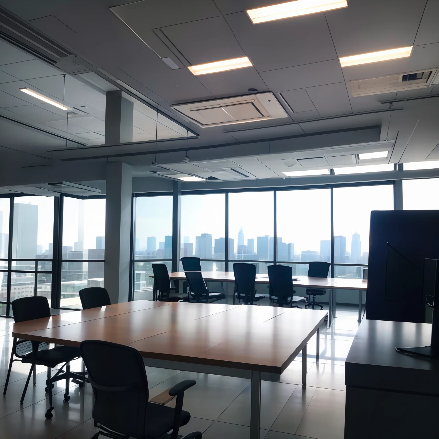 (best quality)Beautiful(blurred background) of a light modern office interior with(panoramic windows) and(the most beautiful lighting).