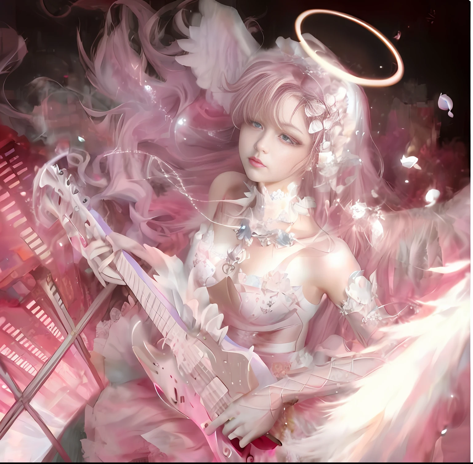 Close-up of a woman holding a guitar and angel wings, ethereal anime, Anime fantasy illustration, Guviz, Anime fantasy artwork, 8K high quality detailed art, guweiz masterpiece, Anime goddess, Guviz-style artwork, Detailed digital anime art, beautiful fantasy anime, Ethereal fantasy, dreamy psychedelic anime, nightcore, Beautiful anime artwork