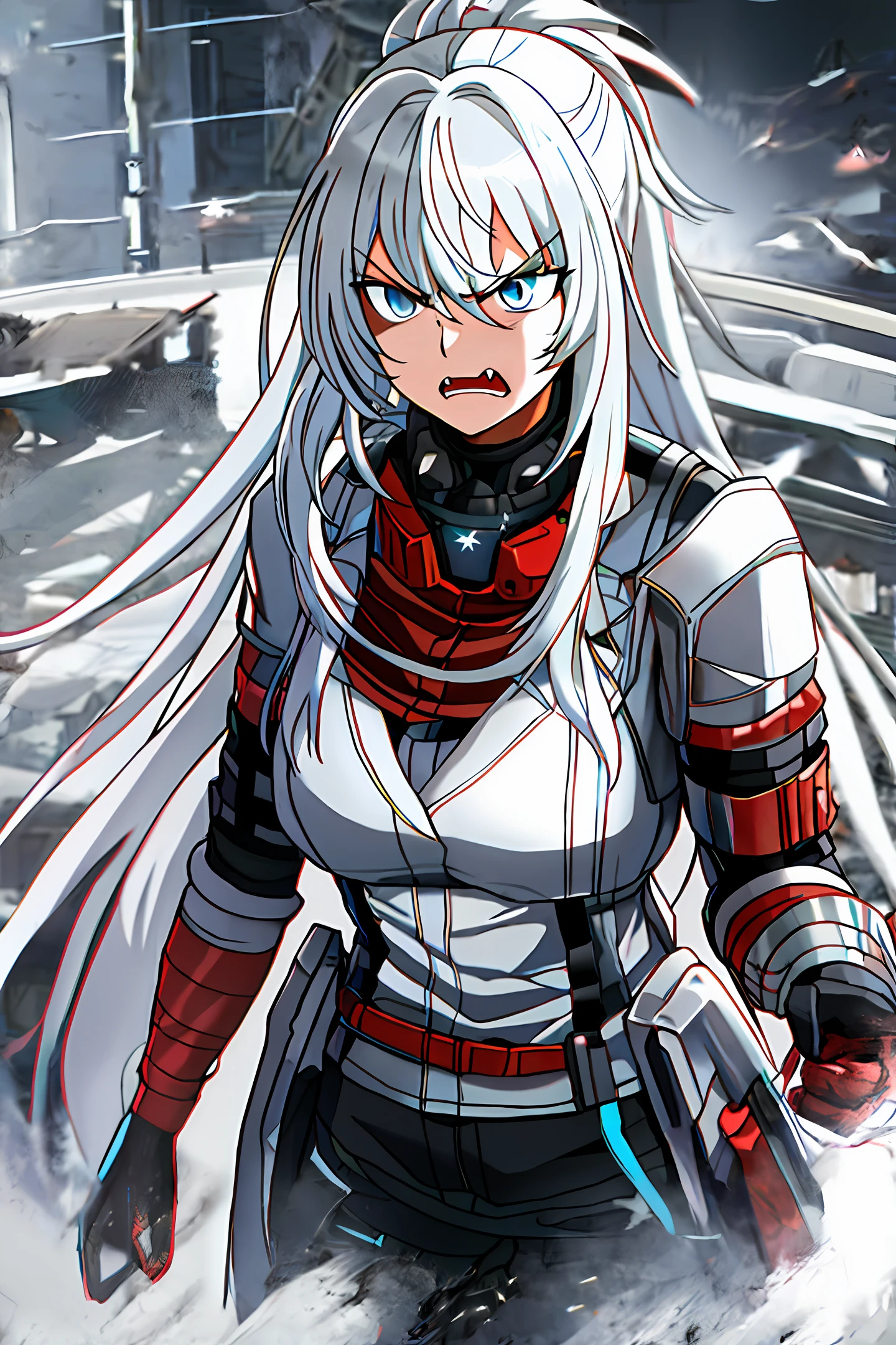 Anime girl, long white gray hair, muscle, blue eyes, taller, military suit sci fi, tactical, riot shield, half mask, very angry, evil, dirty, war