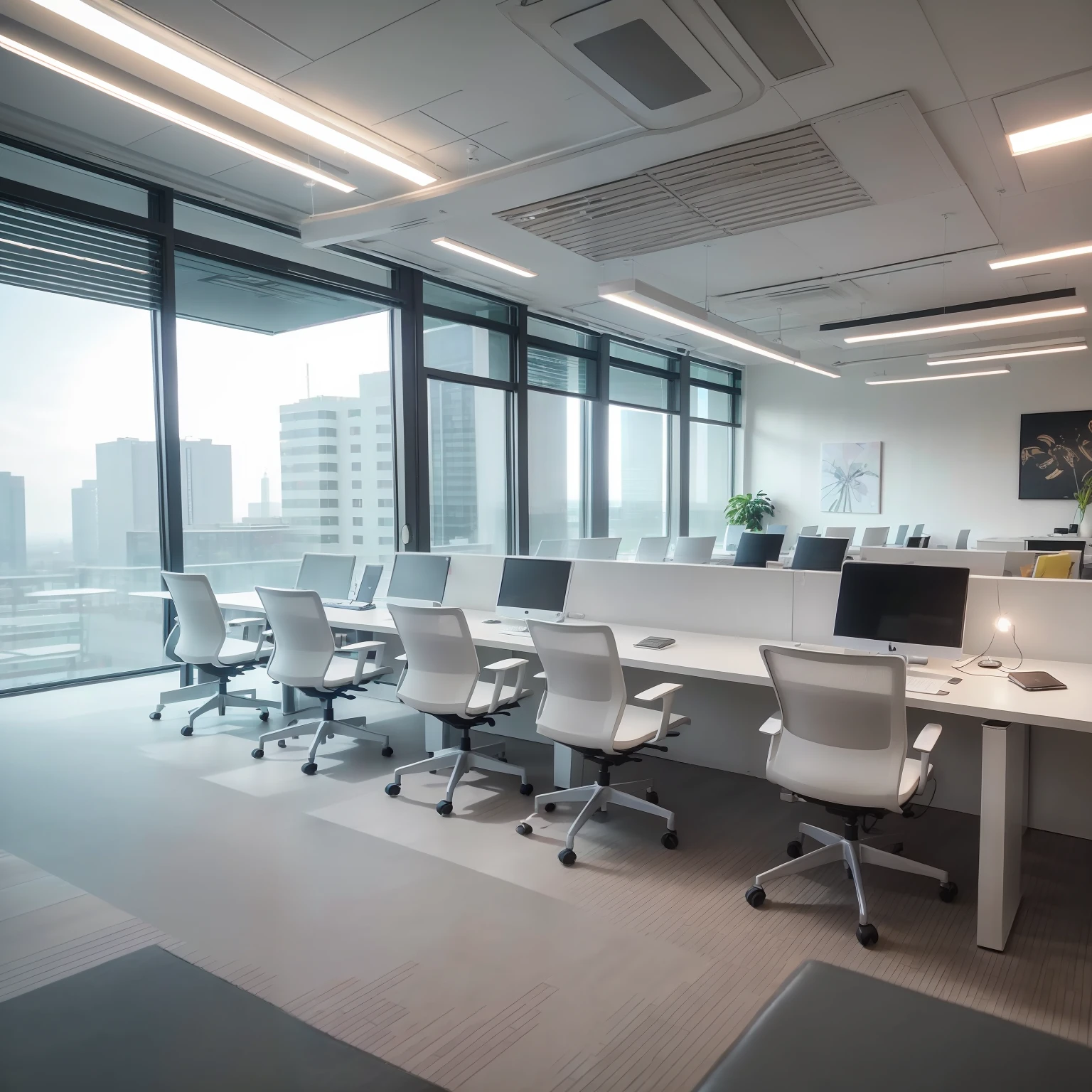 (best quality)Beautiful(blurred background) of a light modern office interior with(panoramic windows) and(the most beautiful lighting).