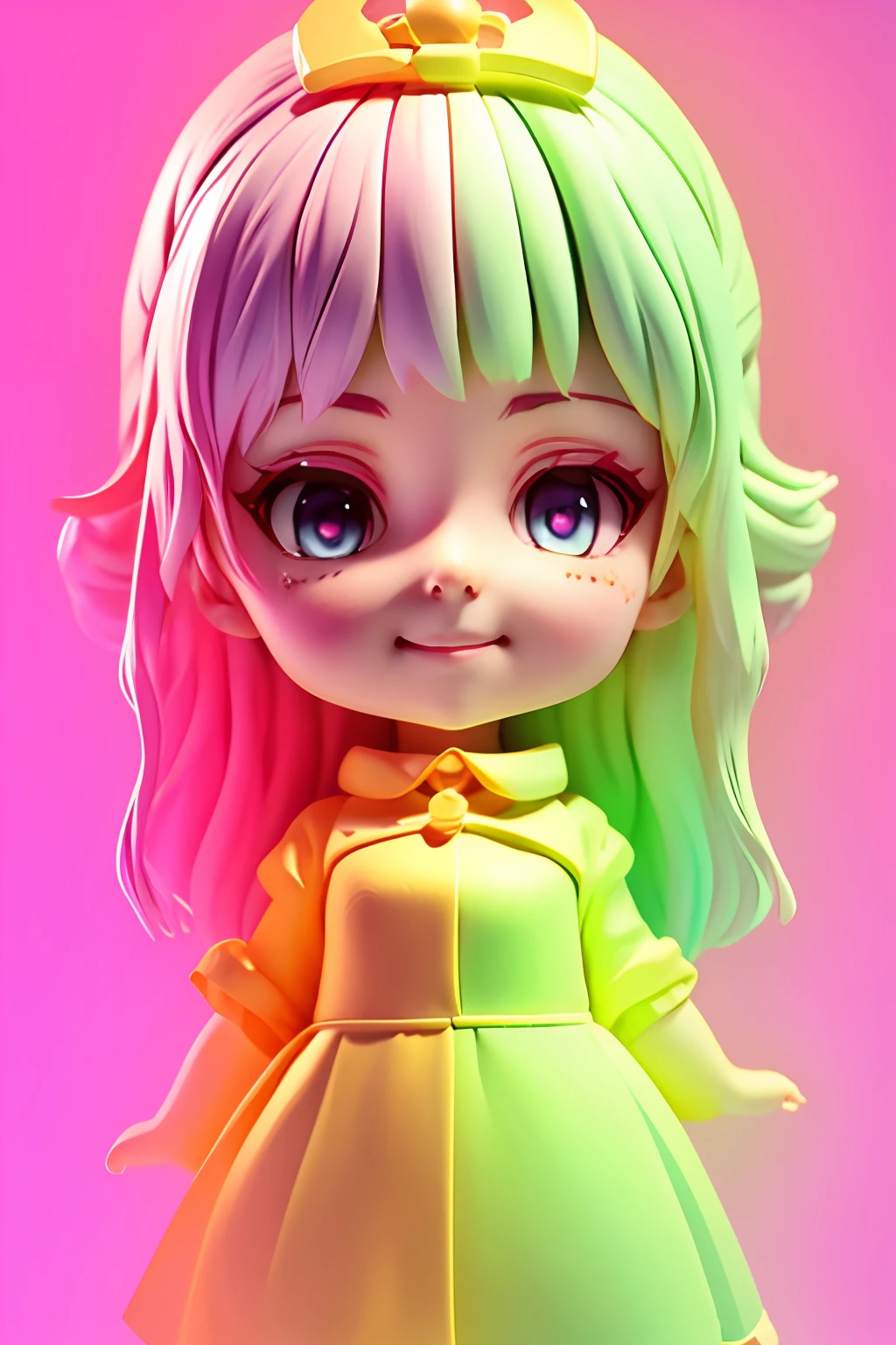 （（A high resolution，ultra - detailed，extremely delicately detailed））tmasterpiece，Best quality at best，ultra-realistic realism，vivd colour，sci-fy，punk，nice hand，Fine face，Delicate and detailed eyes，realistic detail，Incredible accuracy，Dark pink，photons，etherial，Smoky gray，guilt，Jaw-dropping precision，Magical pet companion，A mysterious creature with telepathic abilities and shape-shifting properties，Fine face，delicately detailed eyes，Point pose，looking at viewert，flirt smiling look， depth of fields ， Super cute girl full body 3D drawing，adolable，Pop Mart Blind Box