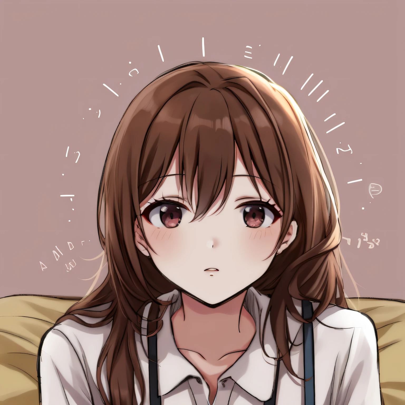 Binary sub-girl，Just woke up，Sleepy eyes，sit on a bed，Brown hair，White suspenders，high school senior
