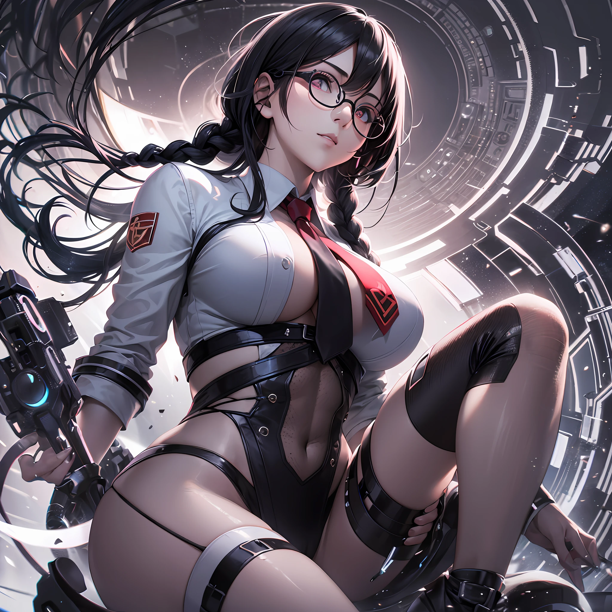 1girll，Black color hair，Twist braids，Qi bangs，red pupils，Round glasses，beauitful face，crisp breasts，Convex buttocks，in a white shirt，red necktie，Black suit，White heels，There are floating missile-launching weapons on the sides of the body，sci-fy，cyber punk perssonage，perfectly proportioned, Cinematic lighting, filmgrain, Fuji colors, lightand shade contrast, 8K, 巨作, Textured skin, Super detail, high detal, High quality, A high resolution,