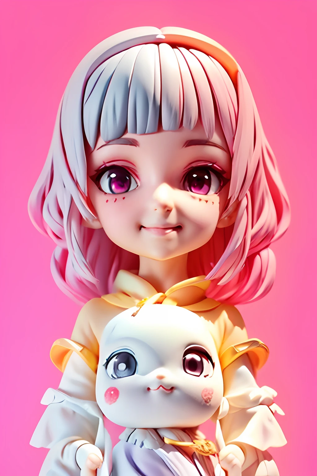 ((A high resolution,ultra - detailed,extremely delicately detailed))tmasterpiece,Best quality at best,ultra-realistic realism,vivd colour,sci-fy,punk,nice hand,Fine face,Delicate and detailed eyes,realistic detail,Incredible accuracy,Dark pink,photons,etherial,Smoky gray,guilt,Jaw-dropping precision,Magical pet companion,A mysterious creature with telepathic abilities and shape-shifting properties,Fine face,delicately detailed eyes,Point pose,looking at viewert,flirt smiling look, depth of fields , Super cute girl full body 3D drawing,adolable,Pop Mart Blind Box