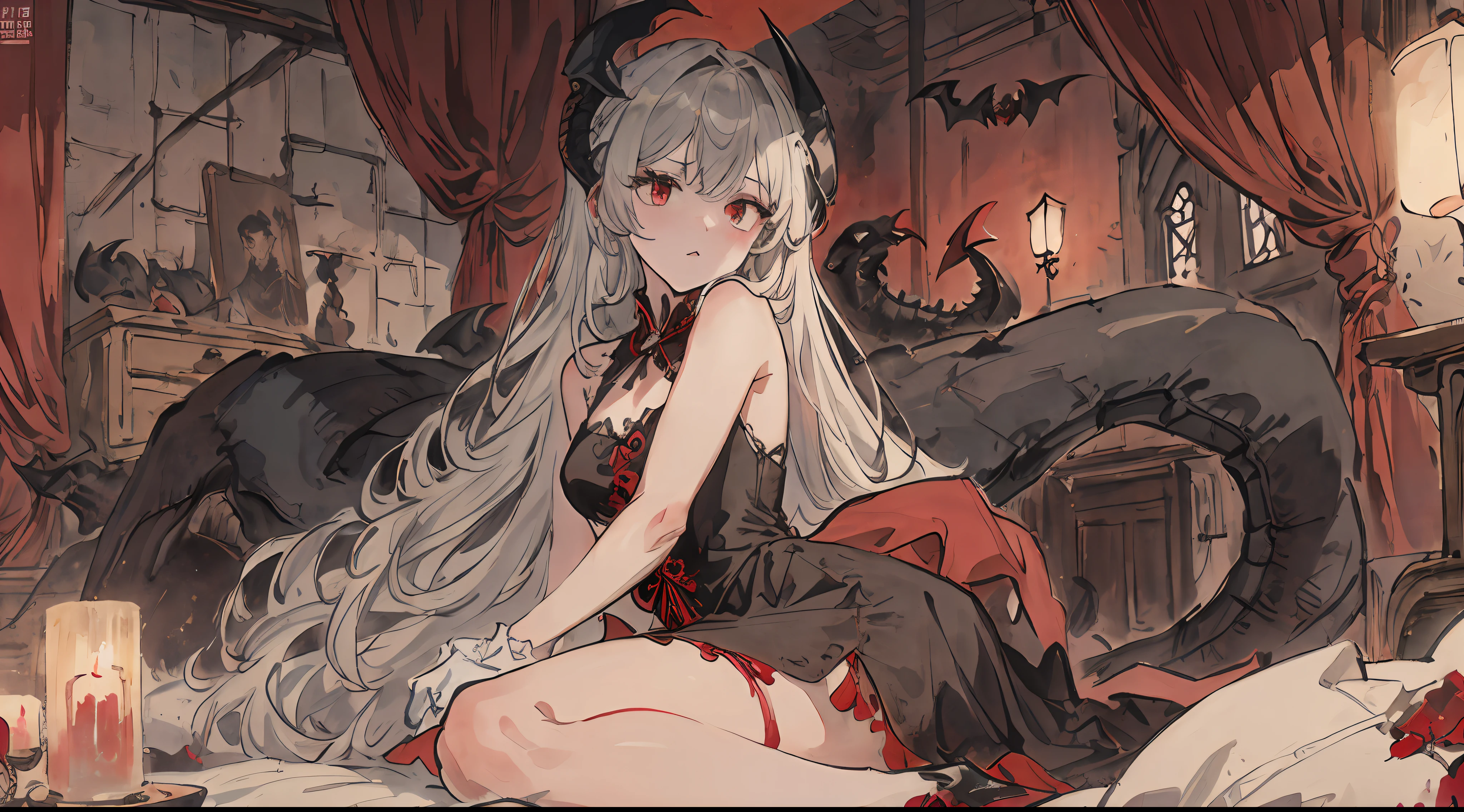 ((masterpiece))、((top-quality))、((Official art))、8K、very detailed illustration、One girl、Gray hair、Long straight hair、Detailed eye、(Interior of the old castle 1.2)、The dim、(Gorgeous red and black gothic dress 1.2)、((Dracula's daughter))、((deadpan))、Fair skin、pure、Meek、bare shoulders、Detailed gravure pose、white glove、lyin in bed
