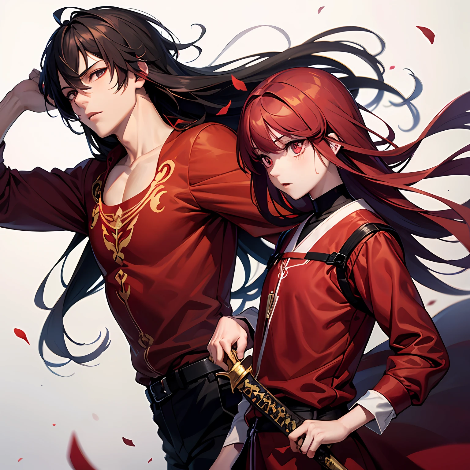 Ancient wind,style of anime,Red clothes,long whitr hair,brunette color hair,red color eyes,Boy student,There are injuries on the face,Red satin,The upper part of the body,Handsome,Hold a sword in hand