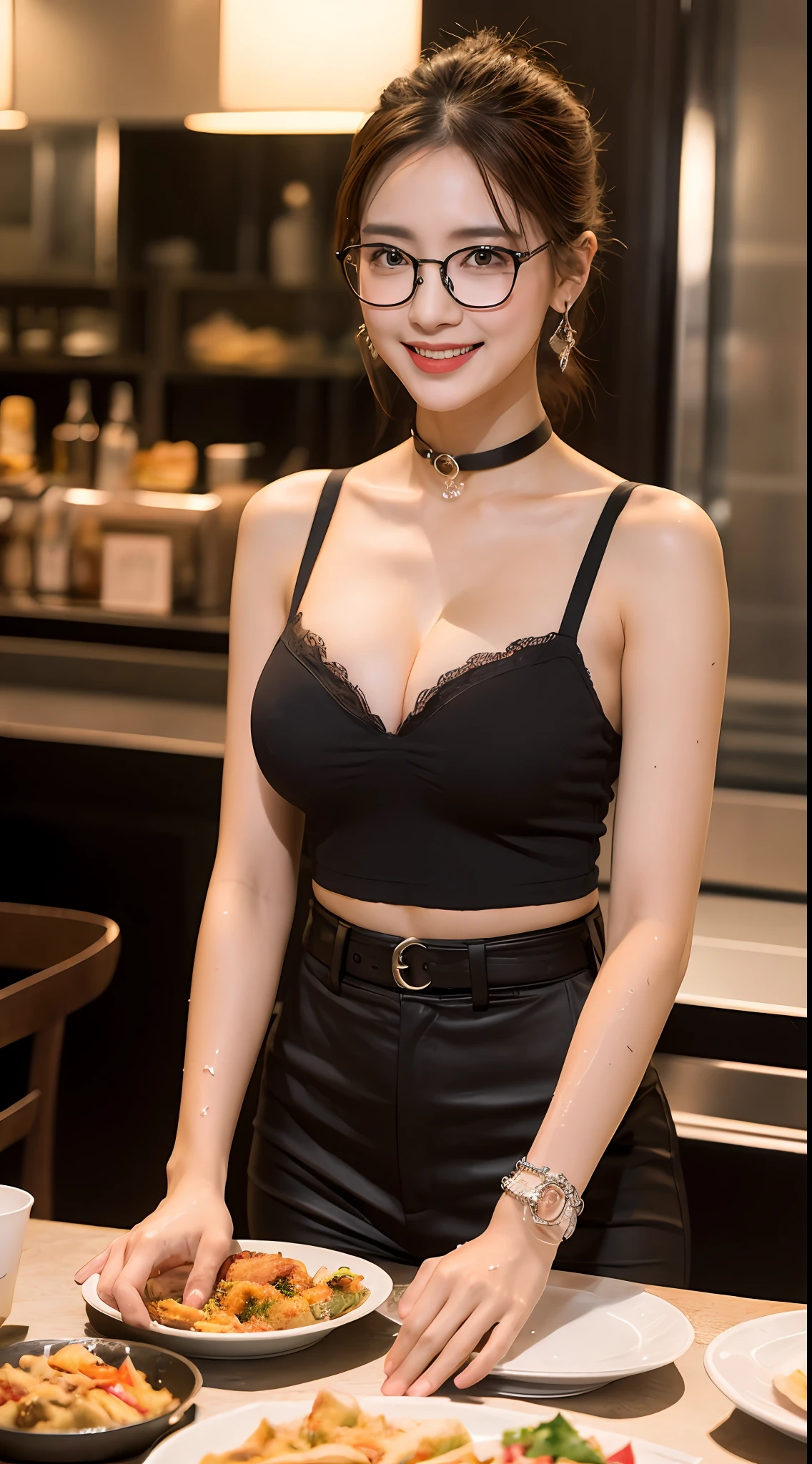 ((midnight, Need, 8K, tmasterpiece:1.3)), A whole body, Long legs, Focalors:1.2, Plump body,perfect figure beautiful woman:1.4,((Dark brown hair, huge tit:1.2 )), (low chest,DEEP-V COLLAR, blackstockings,shorter pants), ((diner,Western food)), crowd of,Highly detailed facial and skin texture, A detailed eye, 二重まぶた,wears glasses,crisp breasts,Smile with,Bigger breasts, updo hair,crisp breasts,Noble beauty,Get wet,Sweat profusely,Red lips,Charming,huge tit,having fun,Rejoice,Waiter,Perfect chest shape,wearing a choker,Wear earrings,Wear a bracelet,crisp breasts