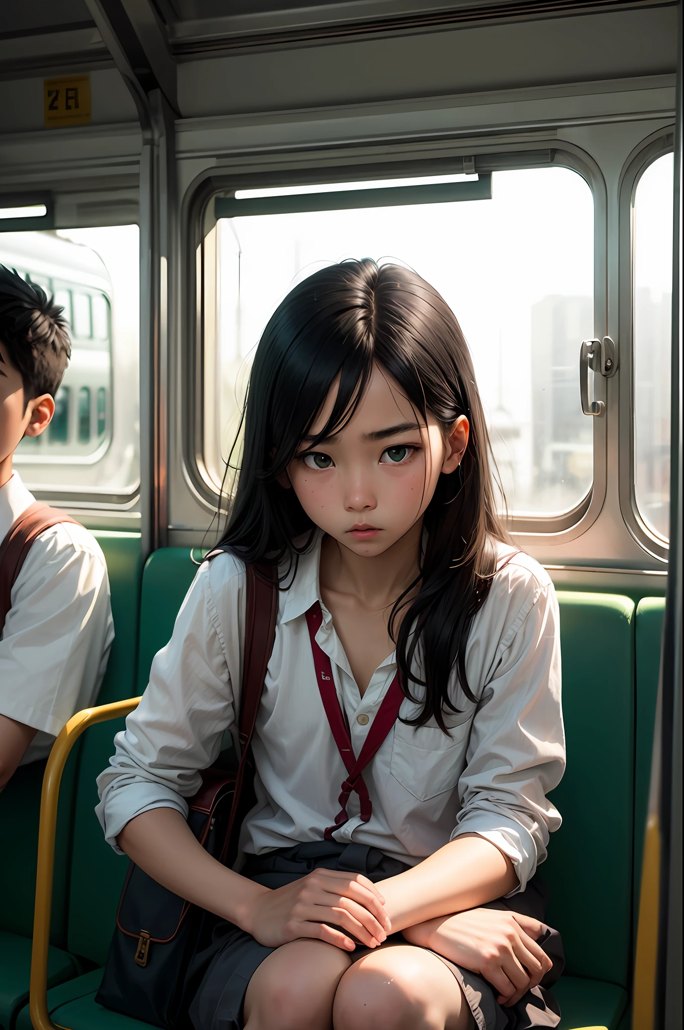 trains,Seats,sideface,,Facing the window,long eyelasher,Black hair,green-eyed --auto