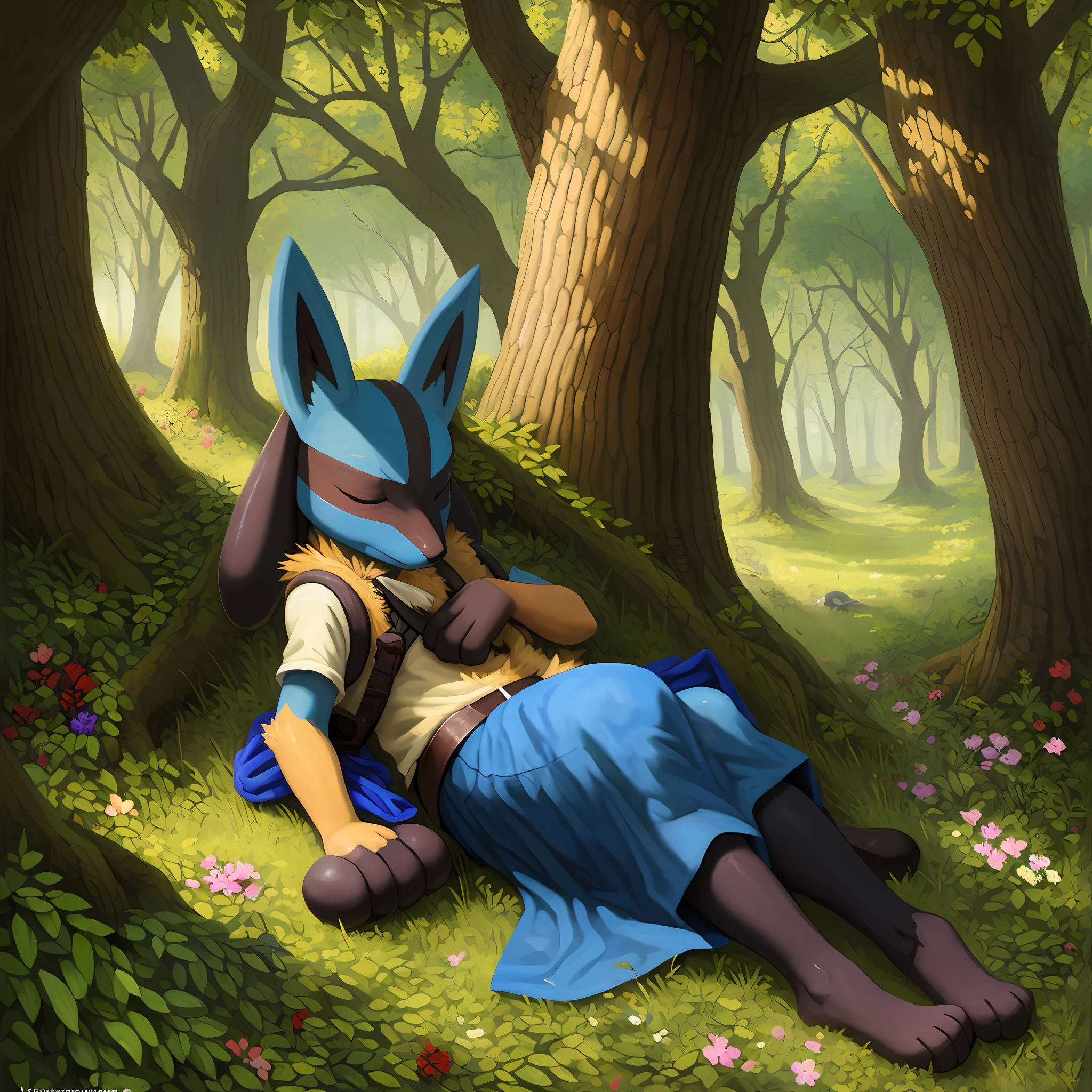 top quality, high-quality illustrations by Vermeer((masterpiece))absurdres, Perfect ???????, Lucario, full body,((dramatic))epic, Sleeping under a large tree where sunlight filters through the leaves, Curling up to sleep like a cat, fruits, flower,