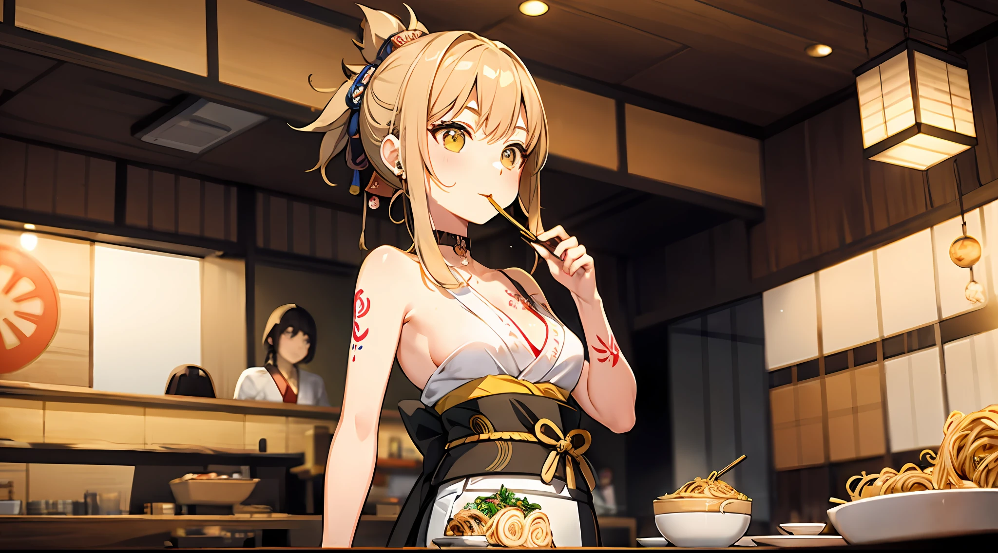 Girl eating ramen，18yr old，Two-dimensional style，Yellow ponytail，Wear earrings，wearing Japanese kimono，Small breasts，Exquisitehands，Cute tattoos，facing to audience，ssmile，Big innocent eyes，The background is at a Japanese-style ramen restaurant