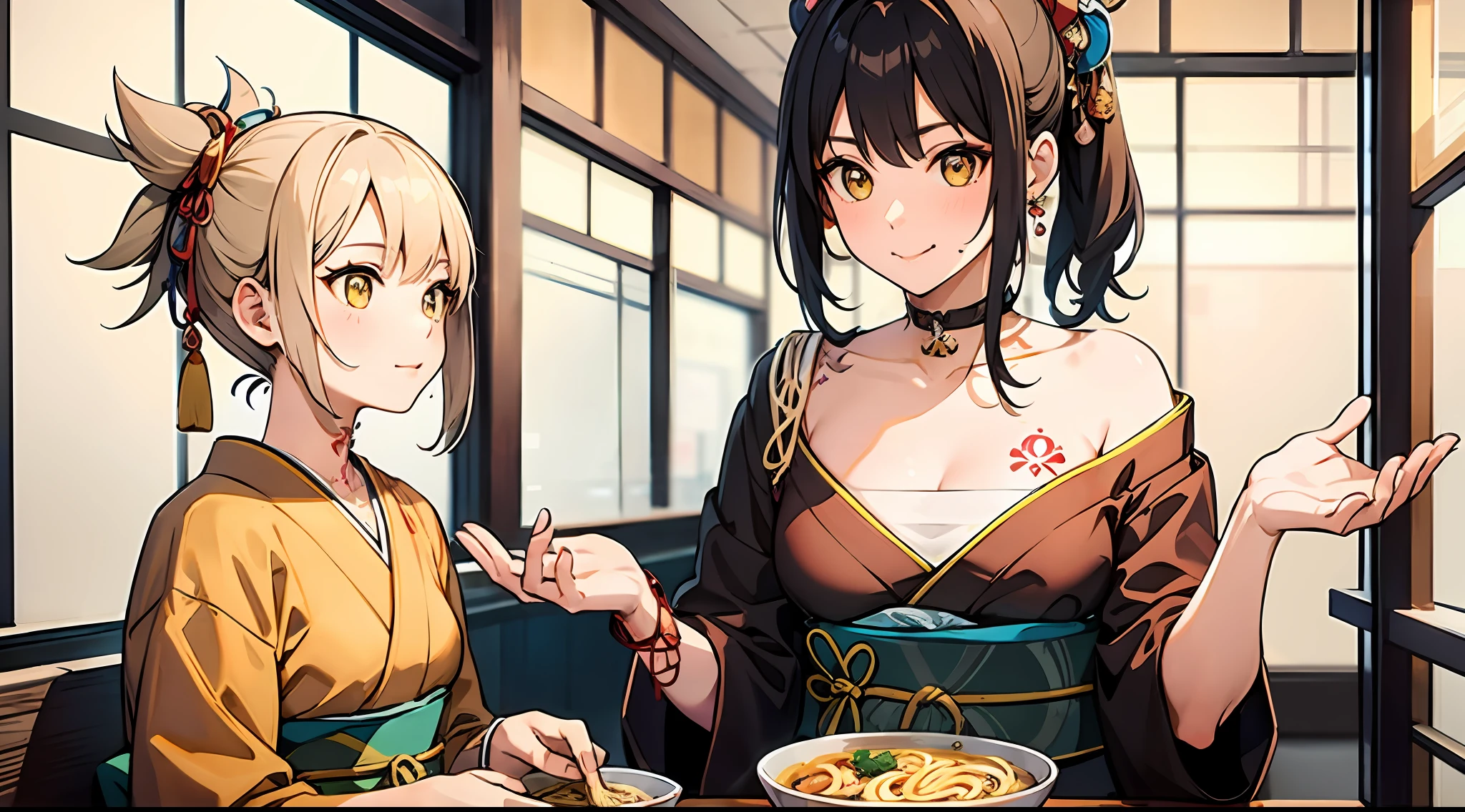 Girl eating ramen,18yr old,Two-dimensional style,Yellow ponytail,Wear earrings,wearing Japanese kimono,Small breasts,Exquisitehands,Cute tattoos,facing to audience,ssmile,Big innocent eyes,The background is at a Japanese-style ramen restaurant