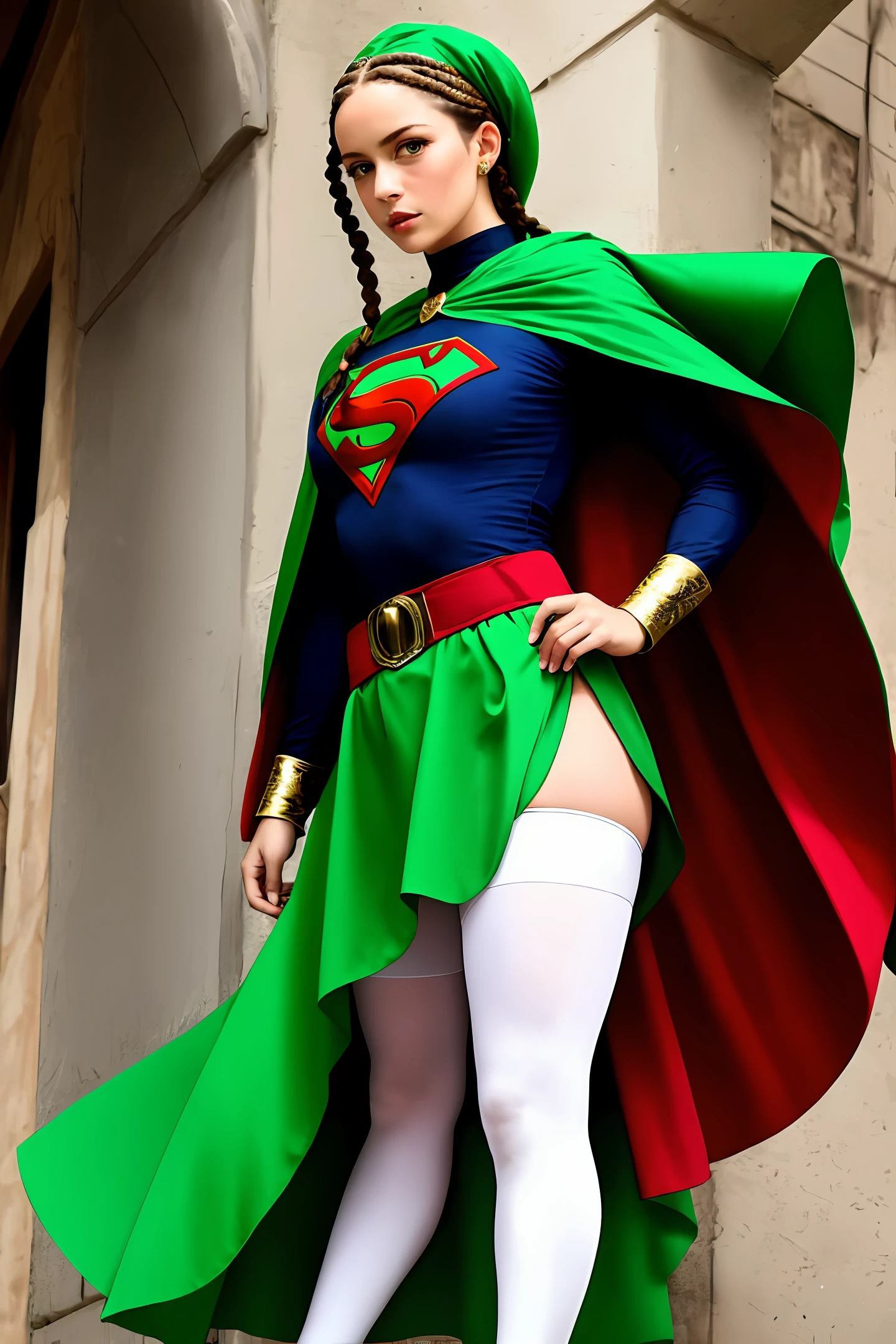 neuter,shoun,Green berets,White tights,Twist braids,bound waist,Green bloomers,Green cape,Humanity