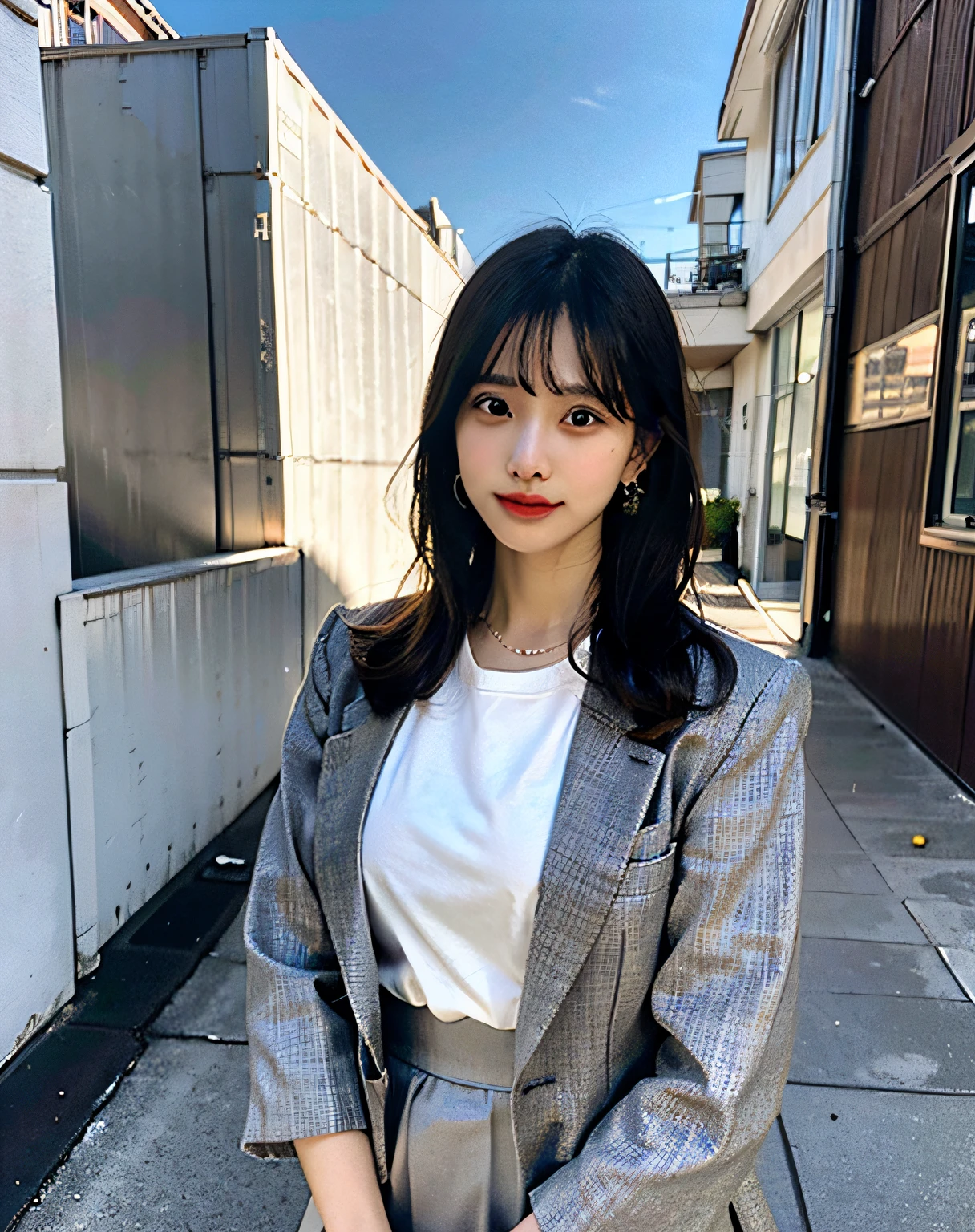 top-quality、Hi-Res、8K、Girl 1 Mature Mature Mature Woman Person、(huge tit)、during the day、、A dark-haired、short-cut、with light glowing、outside of house、Luxury、(Medium Hair)、Beautiful detail sky、Beautiful earrings、(dynamicposes:0.8)、(fullllbody:1.2)、Soft breeze、shinny skin、line of sight、Bust、a miniskirt,gray tailored jacket,Office、