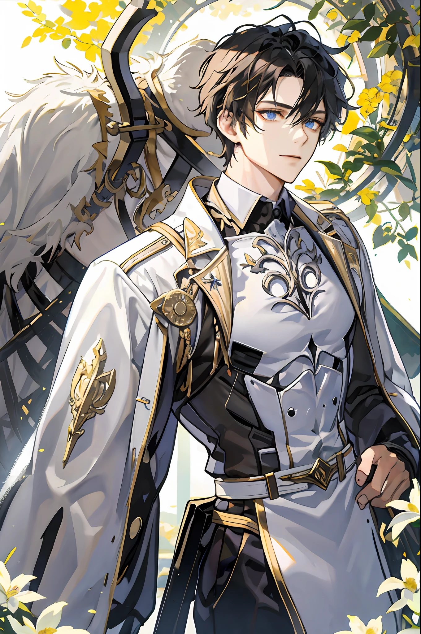 ((tmasterpiece:1.2,top Quority)),((2 guys)),with short golden hair,eBlue eyes(handsome:1.4),white business suit,校服,Members of the royal family,Abs,Pectoral muscles A tough black knight wearing only a tong,with short black hair,Golden eyes,scar across right eye,Black armor,fanciful,ln the forest,flowers in full bloom,rays of sunshine,Fantastic light and shadow,scenecy,Highly detailed face,sportrait,ssmile,Abs,chest muscle,Only thongs were worn