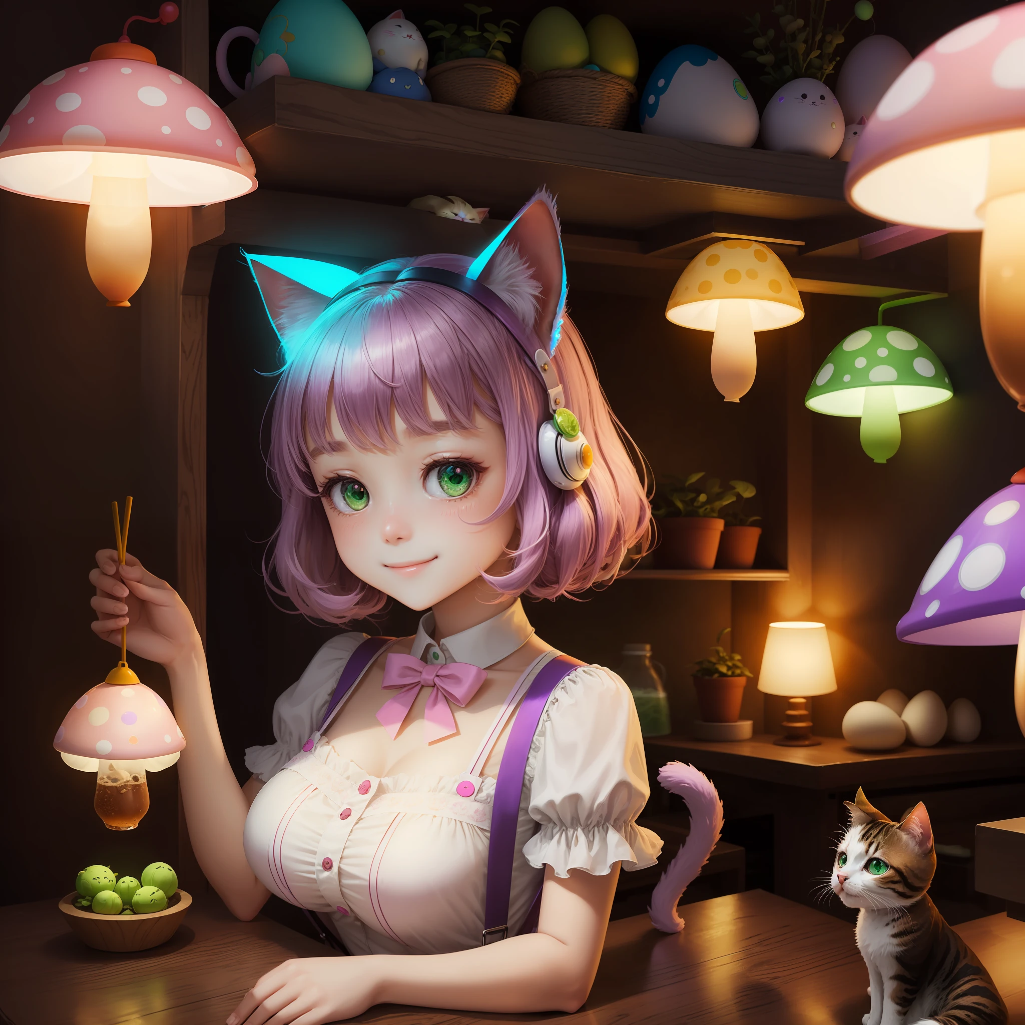 (sprout+Cat-eared lady+1)+((teens girl+1.2),(Green+1.1)，Mushroom head+1.1)，Pure and lovely+1.1,Cute smile,White suspenders,Bead sleeves,(Toy band=Milk tea color:1.2+Pink big breasts:1.1+blue colors+purpleish color:1.1),[Longitudinal posture+Bright glow:1.2+Round glass:1.1+Egg-yellow lighting:1.1] --auto