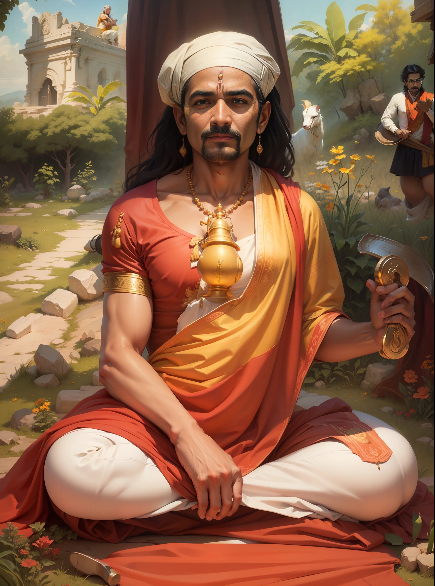 painting of a man sitting in a field,  50 years old face, inspired by Raja Ravi Varma, inspired by Ram Chandra Shukla, ashoka tano, attractive male deity, inspired by Kailash Chandra Meher, by Raja Ravi Varma, szukalski ravi varma, ditigal painting, inspired by Bholekar Srihari, padmasana