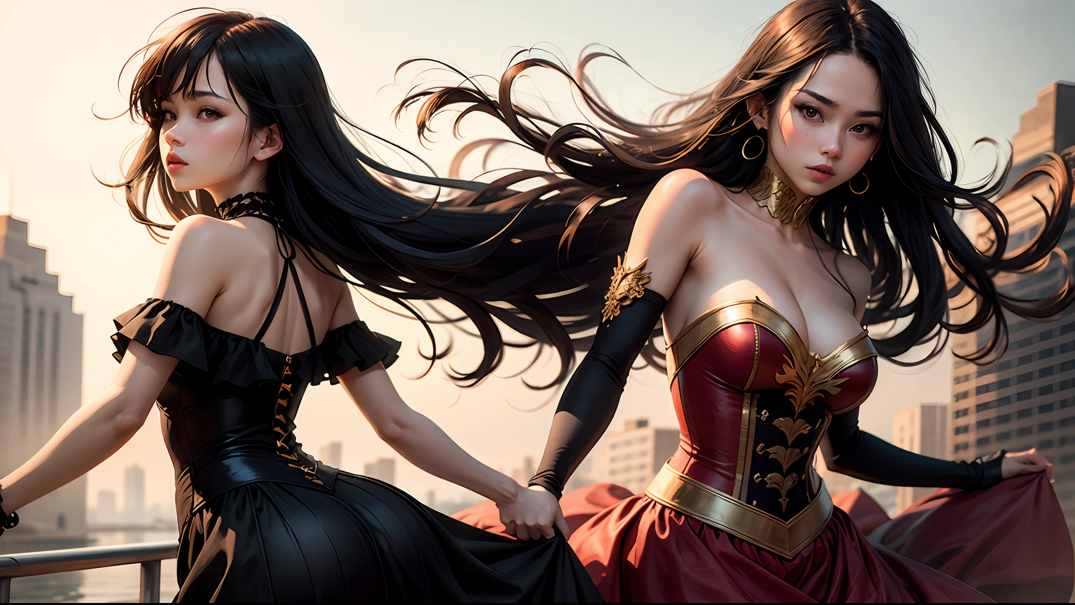 masterpiece,best quality,1girl, black hair, bare shoulders, long hair, dress,cowboy shot, dynamic pose, dynamic angle,