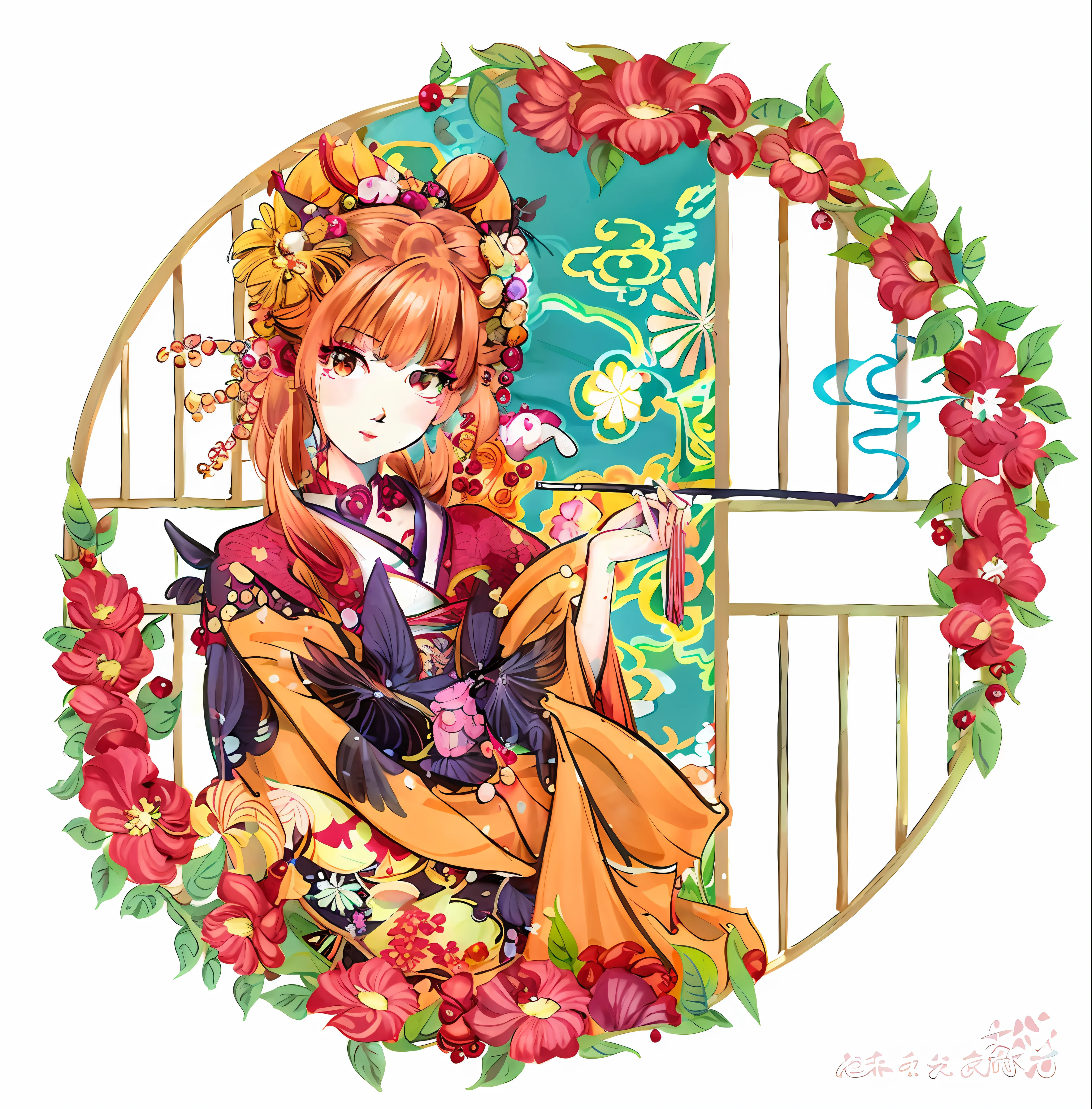 Anime girl in kimono holding a fan and a fan, Japanese Art Nouveau anime, Inspired by Bian Shoumin, anime art nouveau, zerochan art, Orange - Hair anime woman，Edo period art style