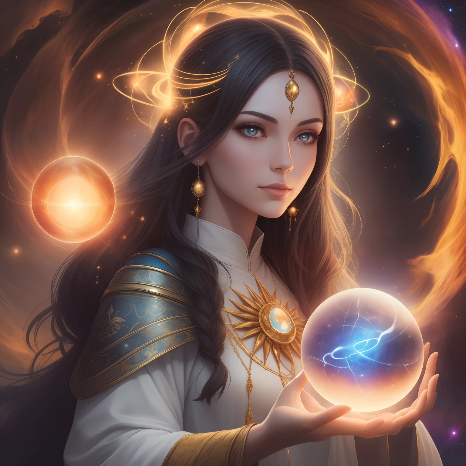 a close up of a woman holding a glowing orb in a dark room, beautiful celestial mage, astral ethereal, spell casting wizard, fantasy art style, a female sorceress holding up the universe, sorcerer magic witch, astral appearance, holy fire spell art, fantasy mage, galactic deity, an arcane wizard casting a spell