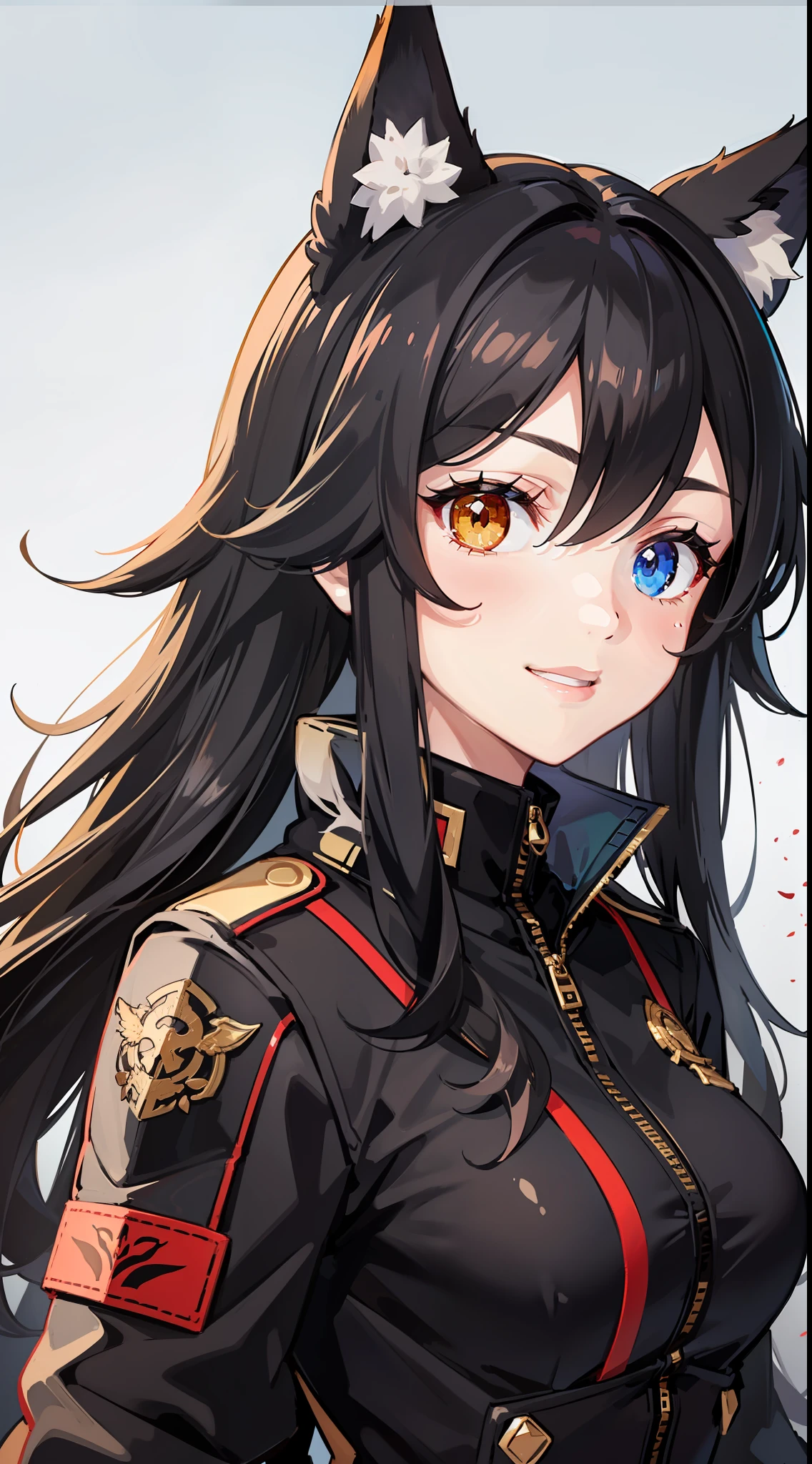 Adult woman, Long black hair, high ponytail, Fox ears, Foxtail, (Heterochromia, The left eye is yellow, Red right eye), Combat uniform, Smile, Masterpiece, hiquality