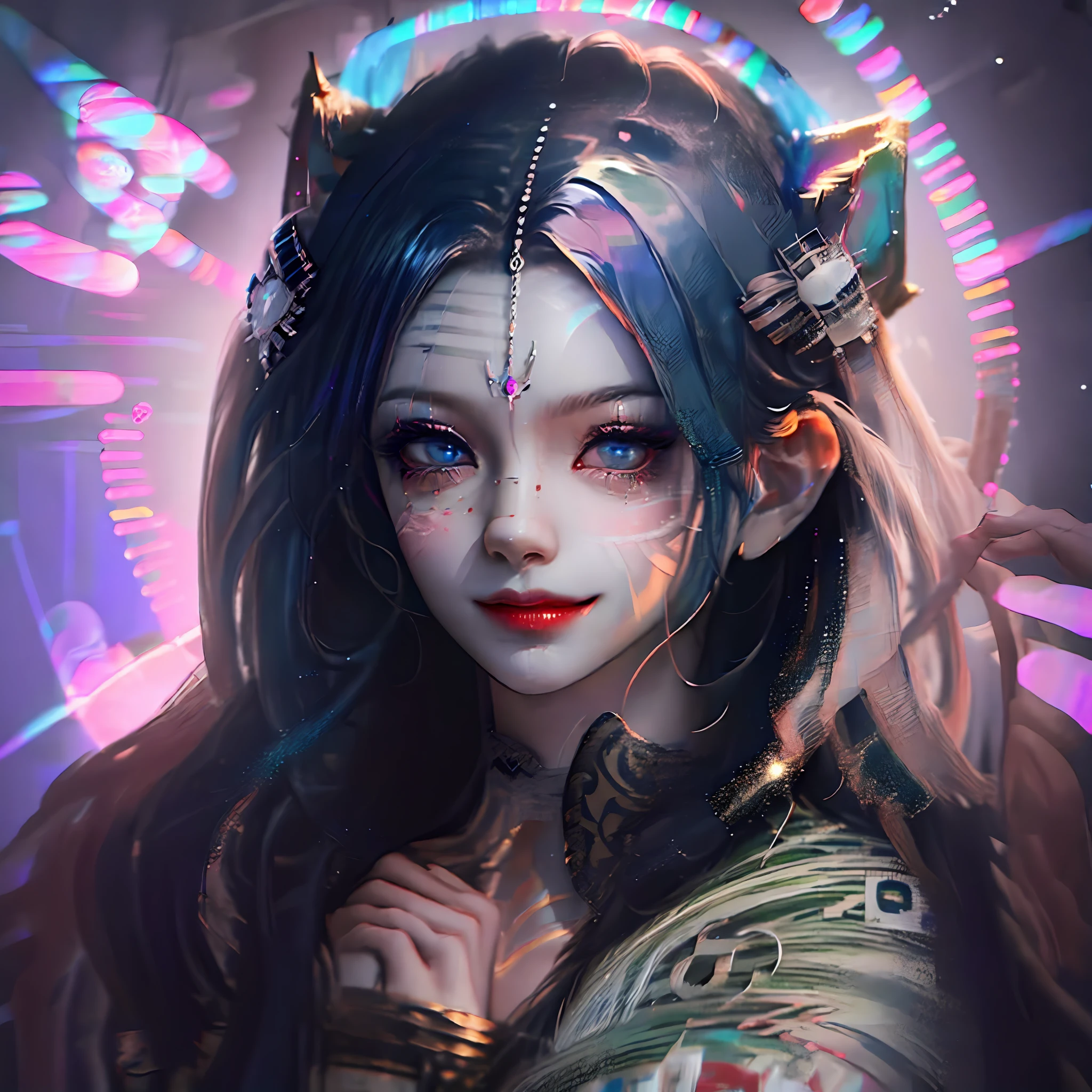 black hair, black hair, halo, maid headdress, mismatched pupils, kemonomimi mode, smile, Surrealism, cinematic lighting, motion blur, chromatic aberration, 8k, super detail, textured skin, textured skin, textured skin, masterpiece