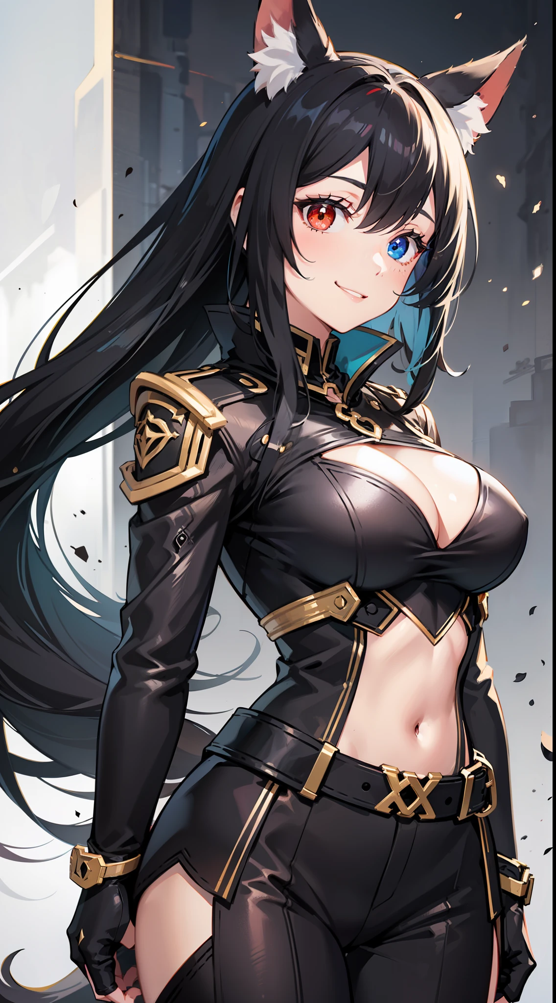 Adult woman, Long black hair, high ponytail, Fox ears, Foxtail, (Heterochromia, The left eye is yellow, Red right eye), Combat uniform, Smile, Masterpiece, hiquality