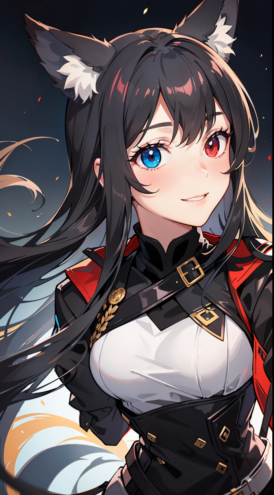 Adult woman, Long black hair, high ponytail, Fox ears, Foxtail, (Heterochromia, The left eye is yellow, Red right eye), Combat uniform, Smile, Masterpiece, hiquality