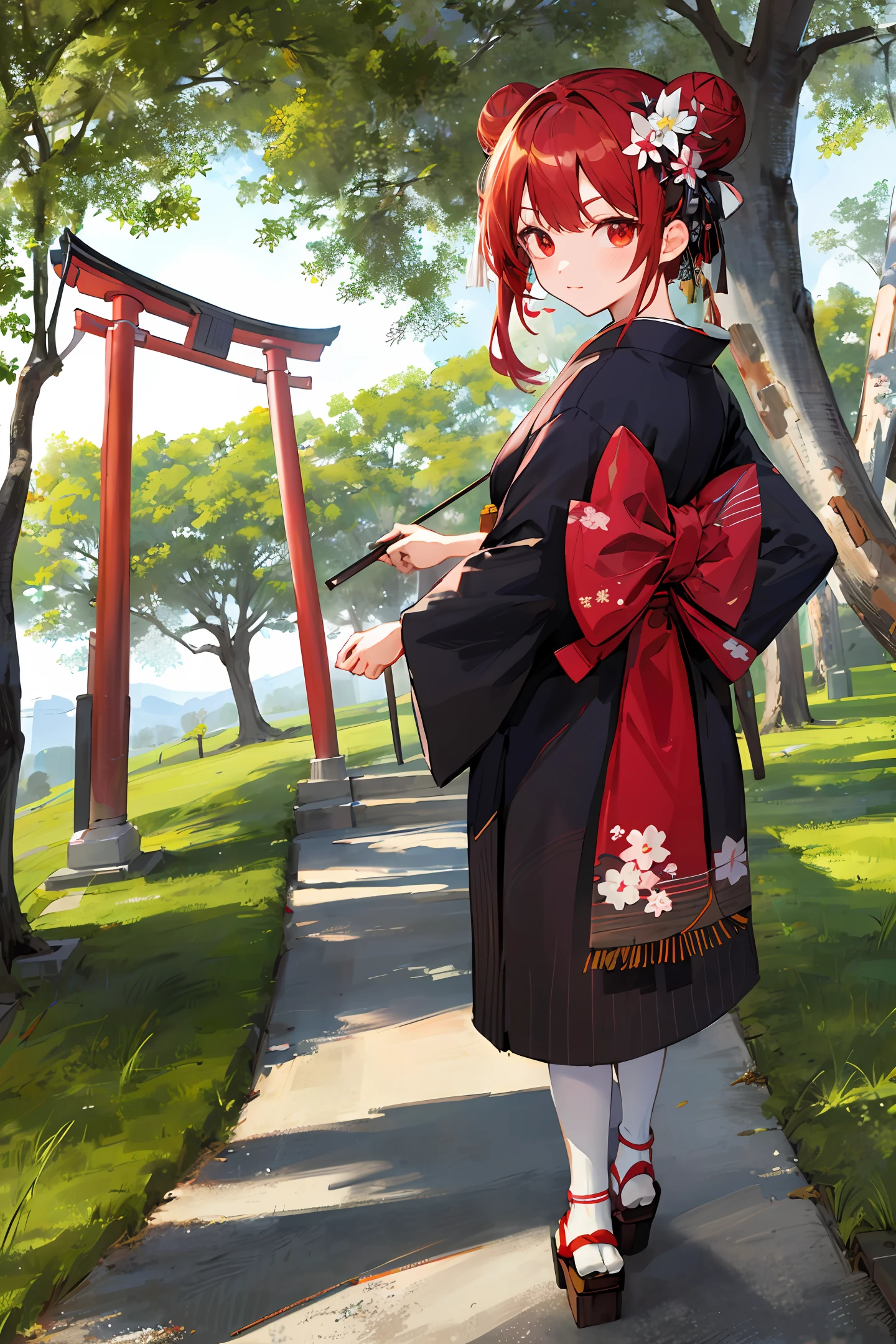 obi strip,exteriors,red eyes,red hair,ribbon,sandals,single hair bun,stairways,standing on your feet,statues,torii,The tree,Kimono with white,red color eyes,white stockings,Bigchest