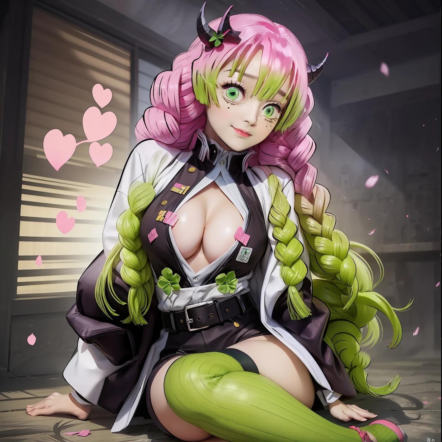 nffsw, nffsw, Sharp Focus, (8K), (4K), (masutepiece), (Best Quality), Fantasy, Very detailed, with an intricate, Ultra Detail, (perfect symmetry: 1.3), (bright bright green eyes:1.2)(Perfect eyes), Illustration, Soft lighting, Full body (Specular lighting: 1.4), High resolution, Absurd, Superior Quality, Full body (Perfect Body Detail), Good anatomy(masutepiece)Mitsuri has for a long time, Wavy pink hair falling on her back. His eyes are an impressive shade of green, Often described as seductive and seductive. Mitsuri has a slender but curved figure, with pronounced proportions that emphasize her femininity,,. She is often dressed in gentle clothes, A warm smile on her face, Exude friendliness, Friendly attitude. The costume: Mitsuri is a member of the Demon Slayer Corps.、Wearing standard uniforms, Built in black turtleneck jacket, In a white haori with the symbol of the Demon Slayer Corps. She combines this with black hakama and green leggings and dark green socks, Traditional sandals in Japan with pink details. Mitsuri also、Wearing a pink hair clip with a distinctive butterfly shape, Represents her unique and vibrant personality. Struggling to see your audience.