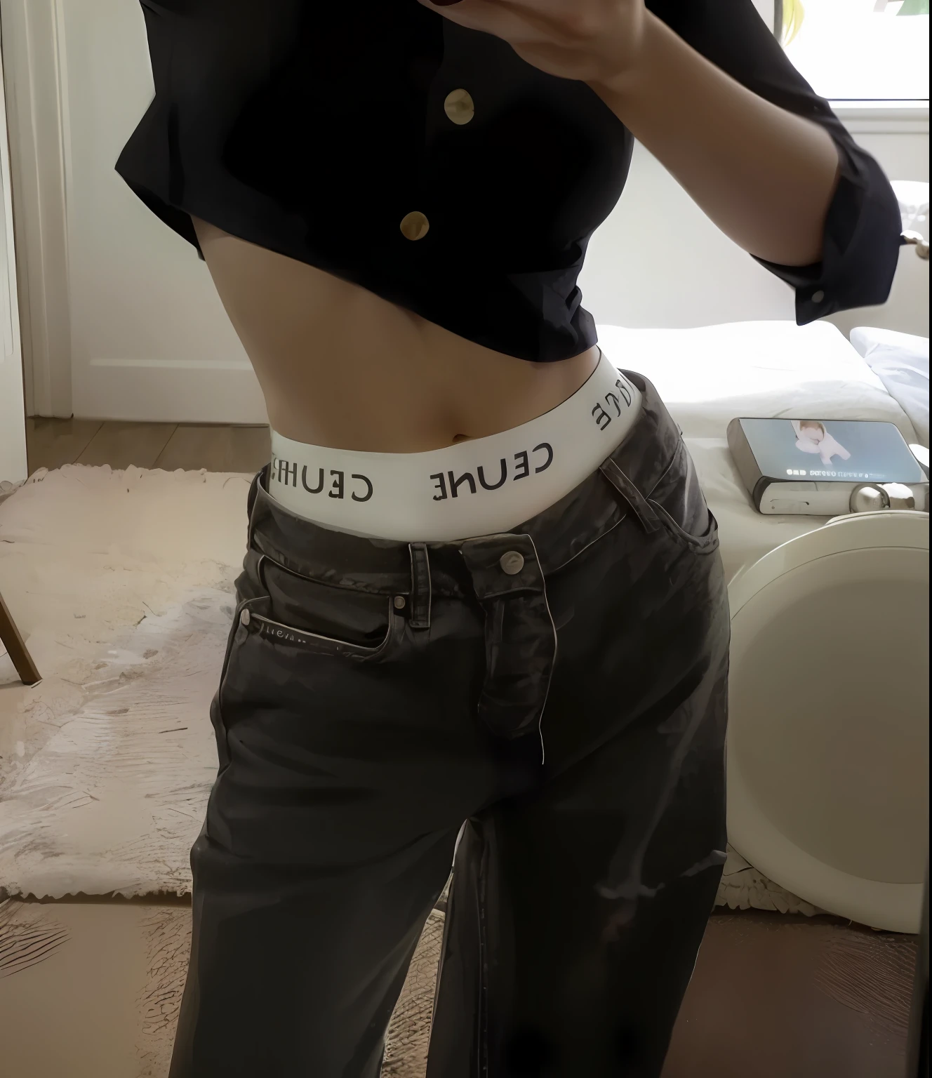 arafed woman taking a selfie in a mirror with a cell phone, exposed waist, Her navel was exposed, close up to a skinny, exposed midriff, Physical : tinyest midriff ever, belly button showing, middle shot waist up, Thin waist, tinyest midriff ever, belly exposed, skinny waist and thick hips