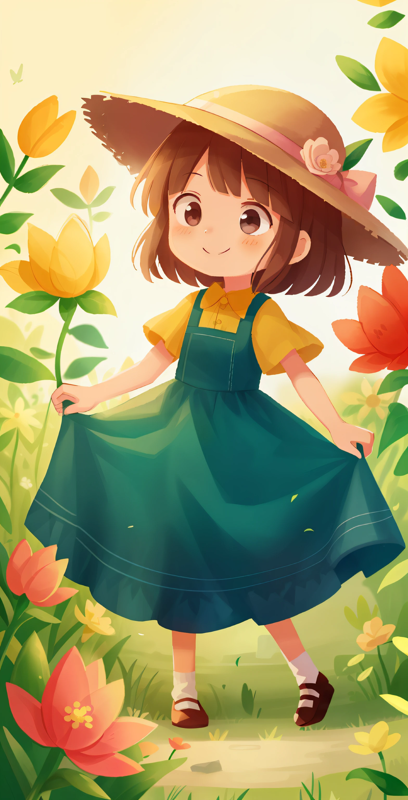 A girl in a hat and dress holds a flower, Girl standing, no gradien, small loli girl,  Happy little girl