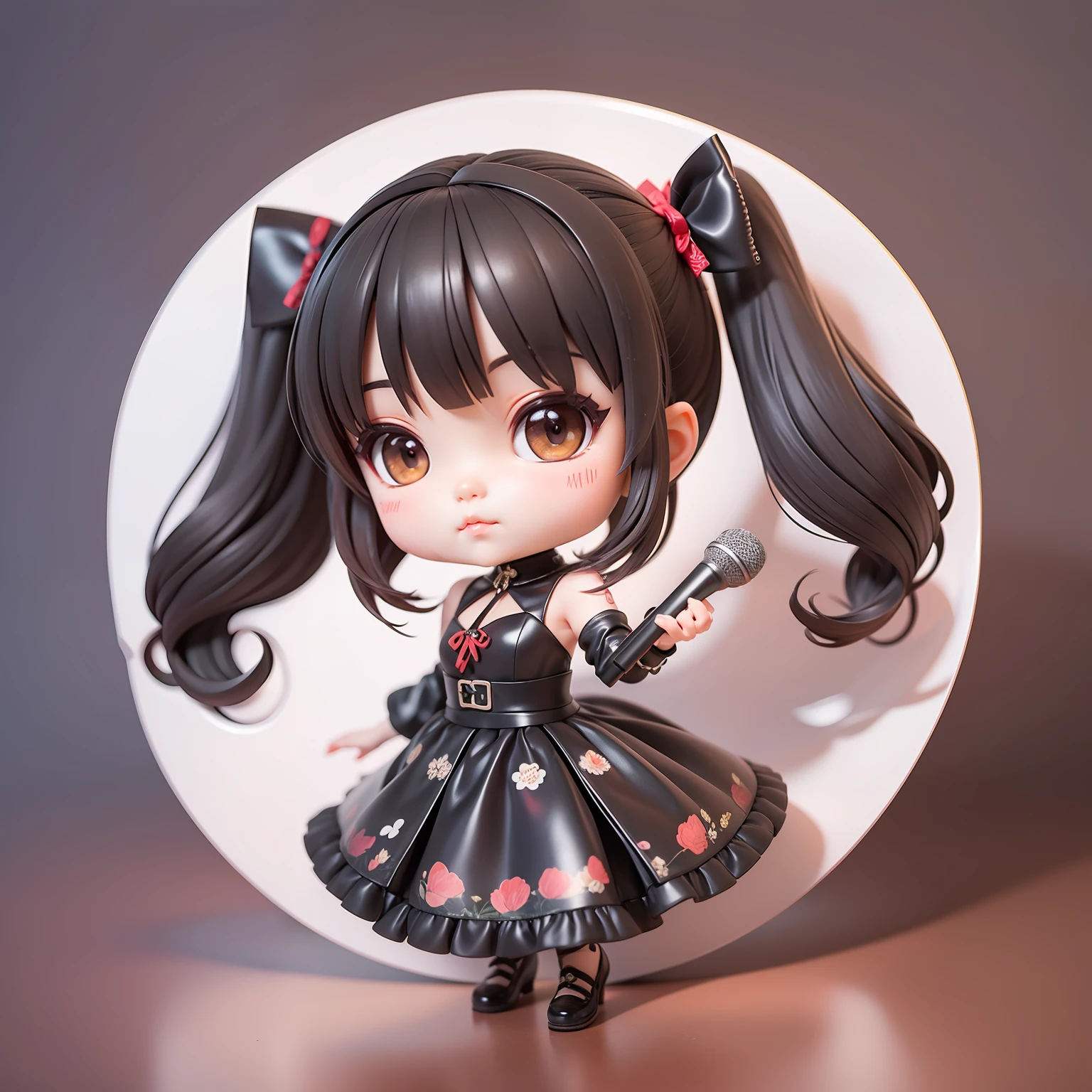 ​masterpiece、top-quality、Lots of detail、(full bodyesbian:1.2)、Chibi、BABYMETAL、A dark-haired、blackdress、Twin-tailed、3d rendered、Q Printmaking Style、Have a microphone