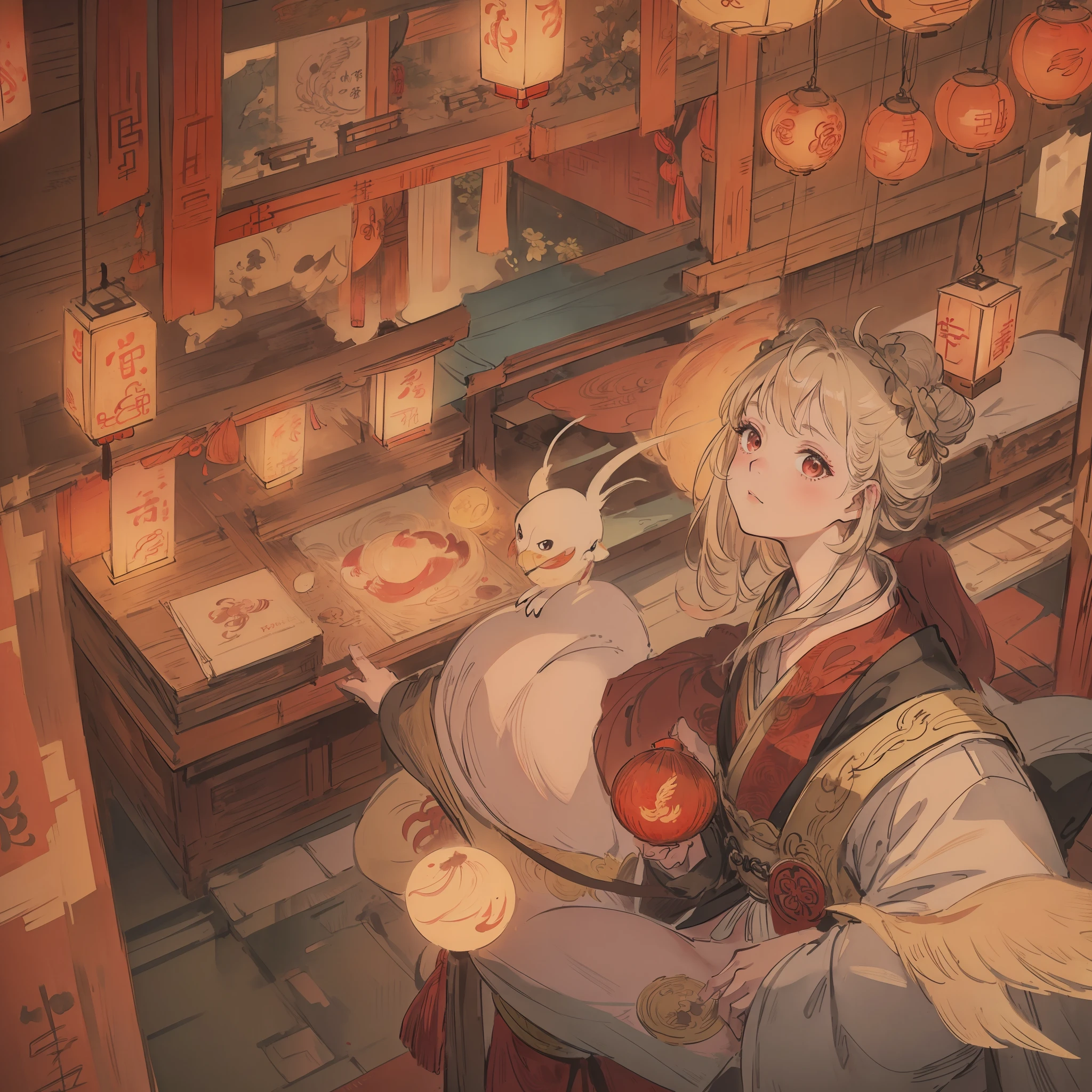 (Exquisite classical Chinese picture quality),(Women dressed in traditional Han style costumes),(Emblem bun+Phoenix),(Delicate facial features),(The scene is a quiet Hanfeng ancient town),(Meticulous architectural details)+[ UE5（red packet， lanterns，Couplets）:1.3, the setting sun:1.2, Emblem carving handicraft:1.2, clubs:1.1]:0.5
