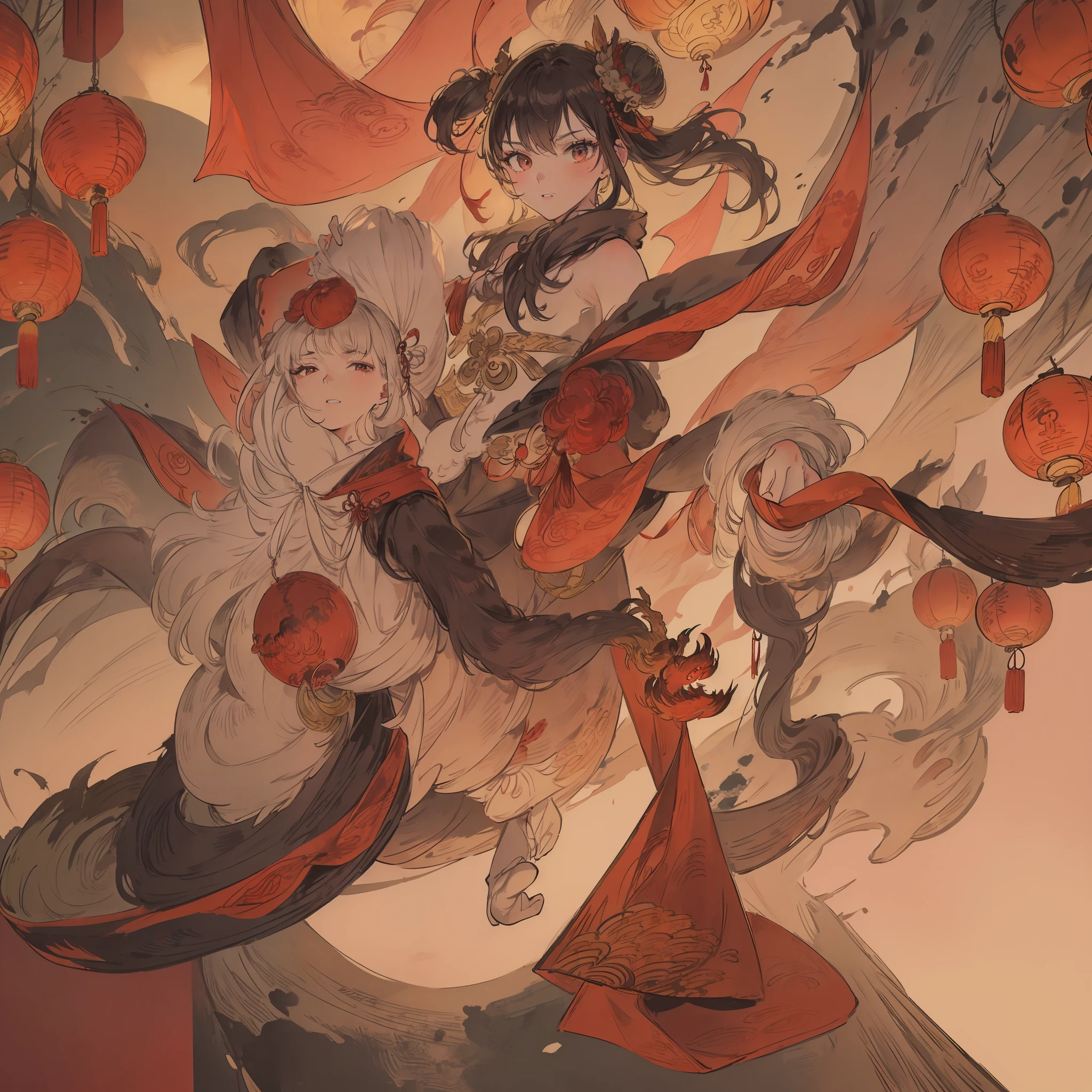 (Exquisite classical Chinese picture quality),(Women dressed in traditional Han style costumes),(Emblem bun+Phoenix),(Delicate facial features),(The scene is a quiet Hanfeng ancient town),(Meticulous architectural details)+[ UE5（red packet， lanterns，Couplets）:1.3, the setting sun:1.2, Emblem carving handicraft:1.2, clubs:1.1]:0.5