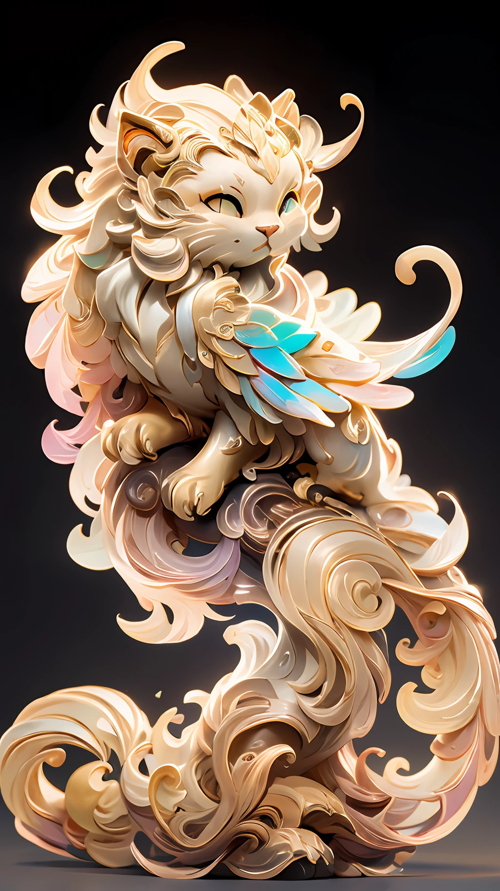 in the shape of a cat,Bling background,Dreamy colors,Transparent statue,florals,Big eyes,golden colored,Open-mouthed,laughingly,tmasterpiece,(best qualtiy:1.3), full bodyesbian,Ling_Long