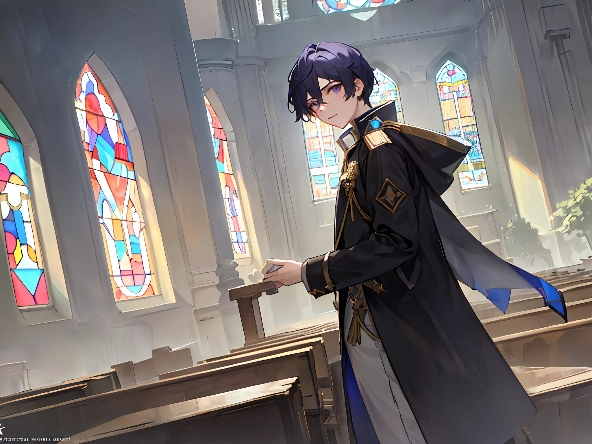 (tmasterpiece, World Masterpiece Theatre, High-precision details, Viewer's POV, , Beautiful boy with black hair, Thick coat: 1.1)Movie Angle，Wearing a white church dress ，With golden cross ornaments，brunette color hair，Blue-purple eyes，Orange sunlight，stained glass window